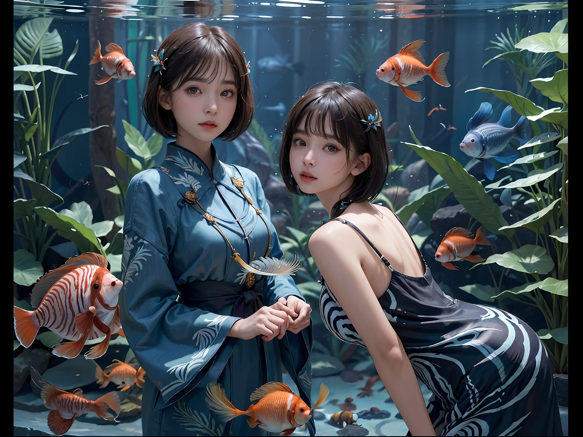 (((30-year-old woman with)))、((aquariums))、​masterpiece, 1 beautiful girls, (((very_Short_hair))), Eye details, Swollen eyes, Top image quality, 超A high resolution, (Realistis: 1.4), OriginalPhotographs, 1girl in, Cinematographic lighting, japanes, very beautif, Beautiful skins, (A hyper-realistic), (hight resolution), (8 K), (ighly detailed), (The best illustrations), (beautifully detailed eyes), (ultra-detailliert), A detailed face, look at a camera, Facing straight ahead, Neat Clothing, shorth hair、A dark-haired、46-point diagonal bangs、((aquariums))、Lots of fish、(((tropical fish)))