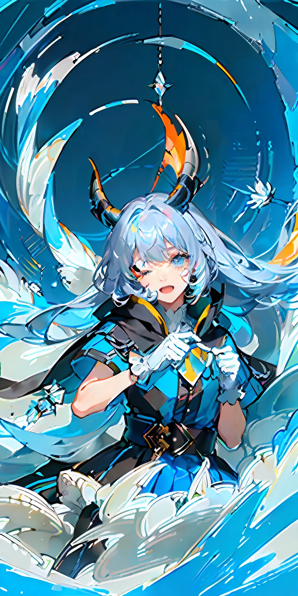 (Highest Quality), (Masterpiece), (Super Detailed), (Eye Detail: 1.0), (Lens Flare: 1.0), (Movie Poster: 1.0), (Tarot Border: 1.0), Portrait Center, (Closeup: 1.0), (Negative Space: 0.8), (Negative Space: 1.6), (Solo), (Floating Color Mesh: 1.0), (Many Color Spikes: 1.0), (Floating Droplets: 1.0), ( Water Magic: 1.0), (Dappled Sun, Rays, Caustics: 1.2), (Iridescence: 1.0), (Beautiful Detail Halo: 1.0), (Lean Back: 1.2), (Grim Expression: 1.0) ,(small:1.0),(open mouth:1.0),(eyelashes),one eye closed,(light blue hair:1.4),(long hair:1.0),(facing viewer:1.3),(head tilt : 1.0), (dynamic pose: 1.1), (asymmetrical hair: 1.2), (orange, (casual, casual), (layered skirt), (gray eyes: 1.4), oblique bangs, high double ponytail, diamond hair ,long coat,(flowing cloak: 1.0),,(abstract background:1.4),(:1.1),(jump:1.1),(tan:1.1),(upper body:1.25),thinking,pupil,++,co-feather , strapless, tights, (white gloves: 1.3), black and red double horns, sleepy