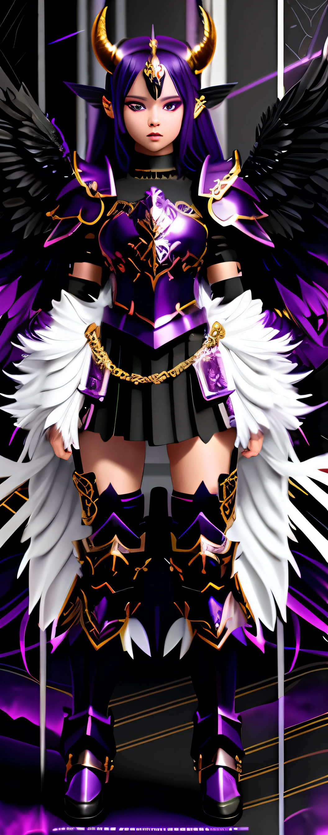 (Demon Angel in Heavy Black, Purple and gold armor with high-quality details)