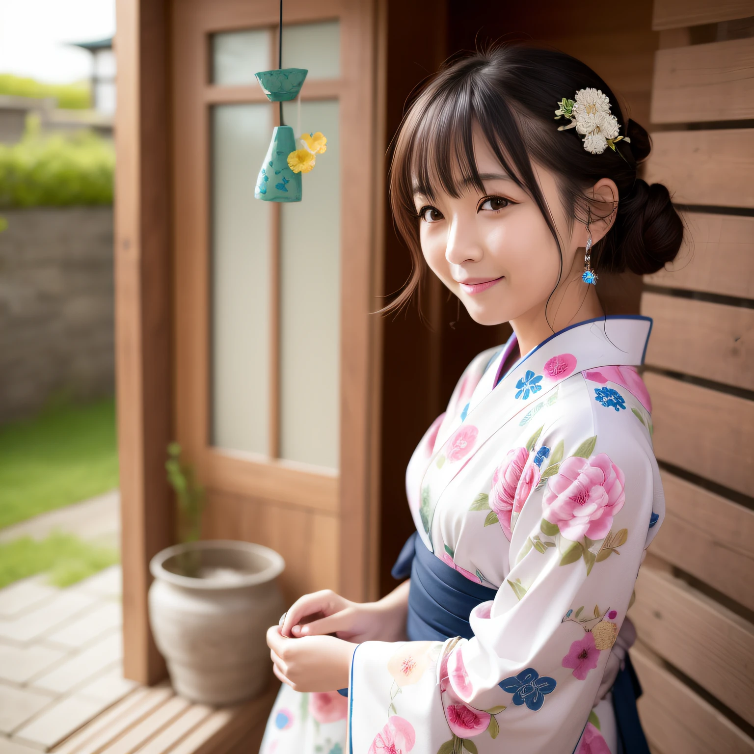 Neat and clean woman in yukata、smil、夏天、wind chime、