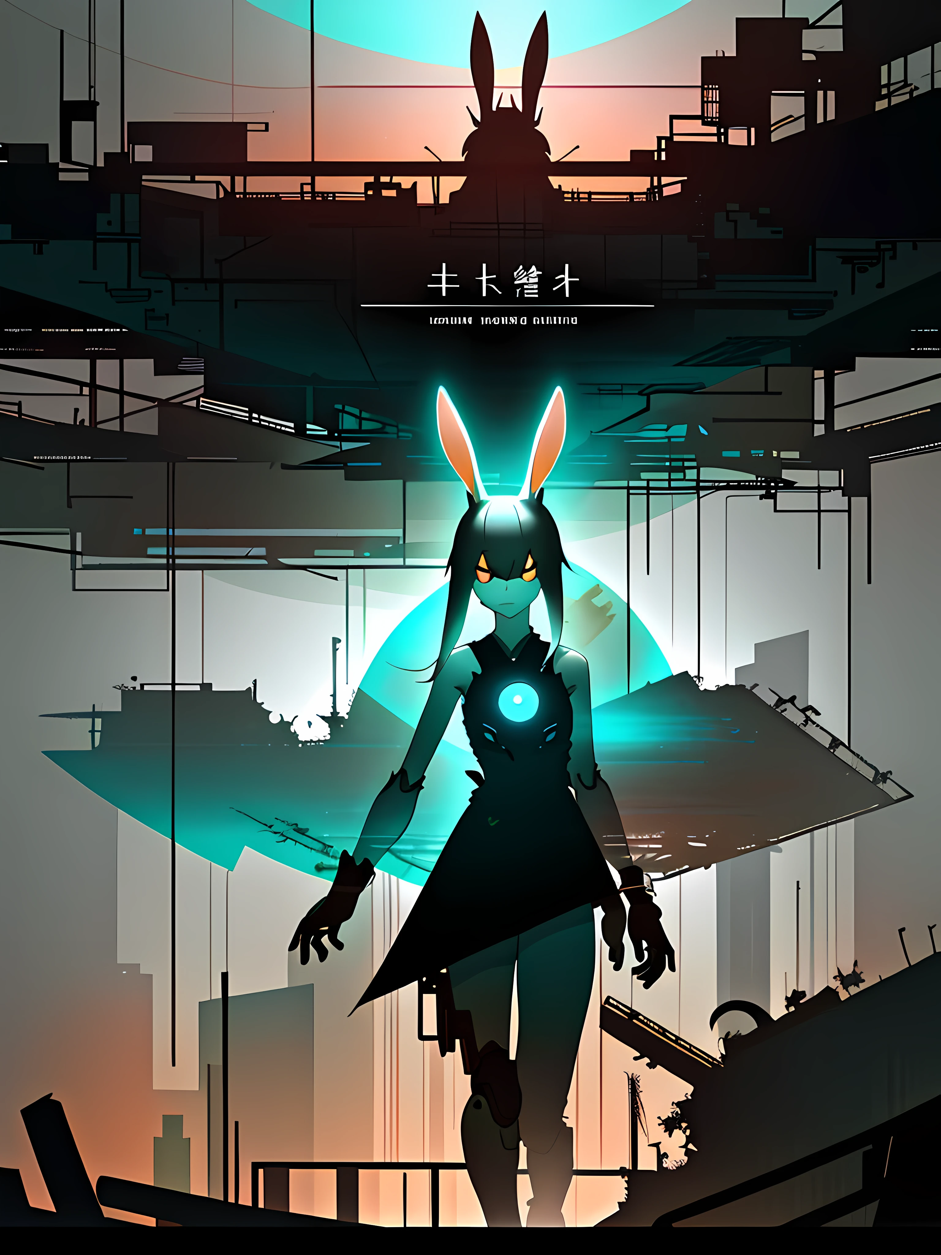 (blame! style abandoned tech landscape), (Zen, Amy Sol style), (underground, dark, foggy, perilous, abandoned dystopian apartment bedroom, deep windows), (abstract anthro rabbit figure wearing bunny ears), cover art with light abstraction, abstract, simple vector art, contemporary Cybernetic art, color gradients, soft color palettes, layered forms, whimsical animation, style Ethereal abstract, 4K, --v6