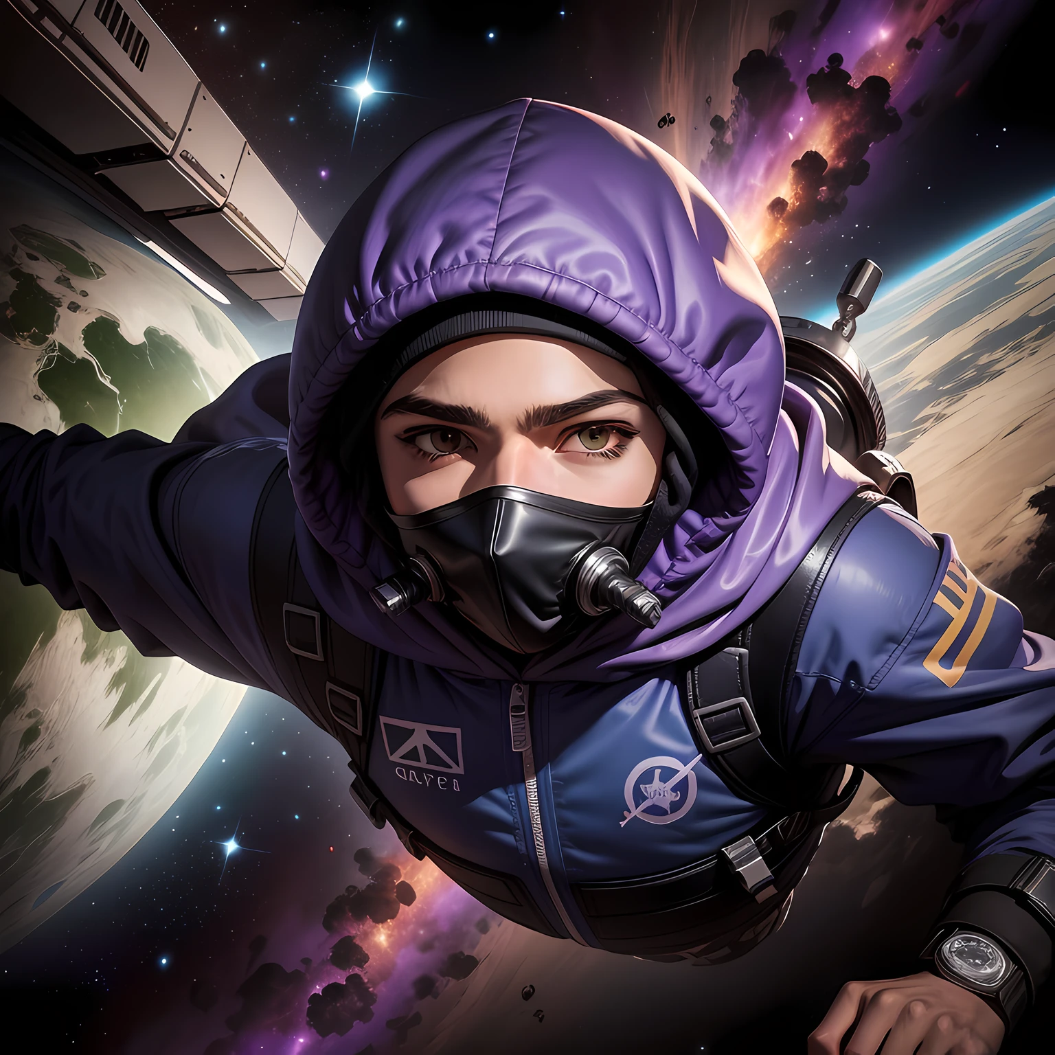 Dope, desenho animado, White teenager wearing thief's mask covering his face floating in outer space with his body under the effect of gravity, ambiente roxo, buracos negros tentando puxar ele, far from camera, sobrancelha menos grossa