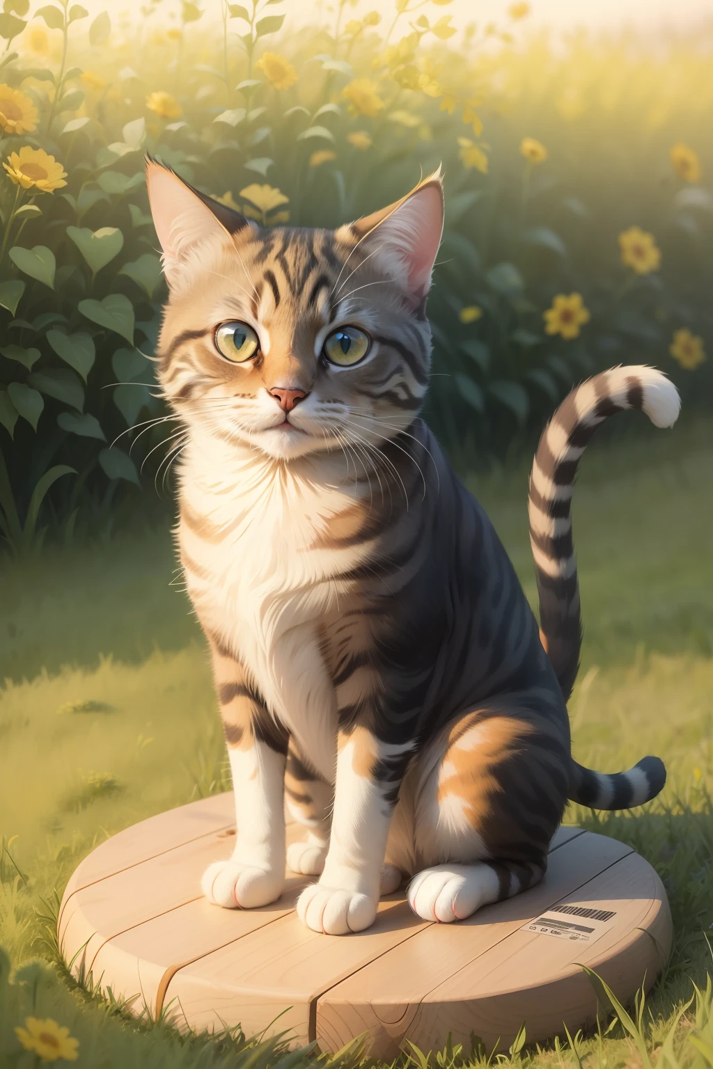Design a cat food package,Warm and lovely,The cat squats in the grass