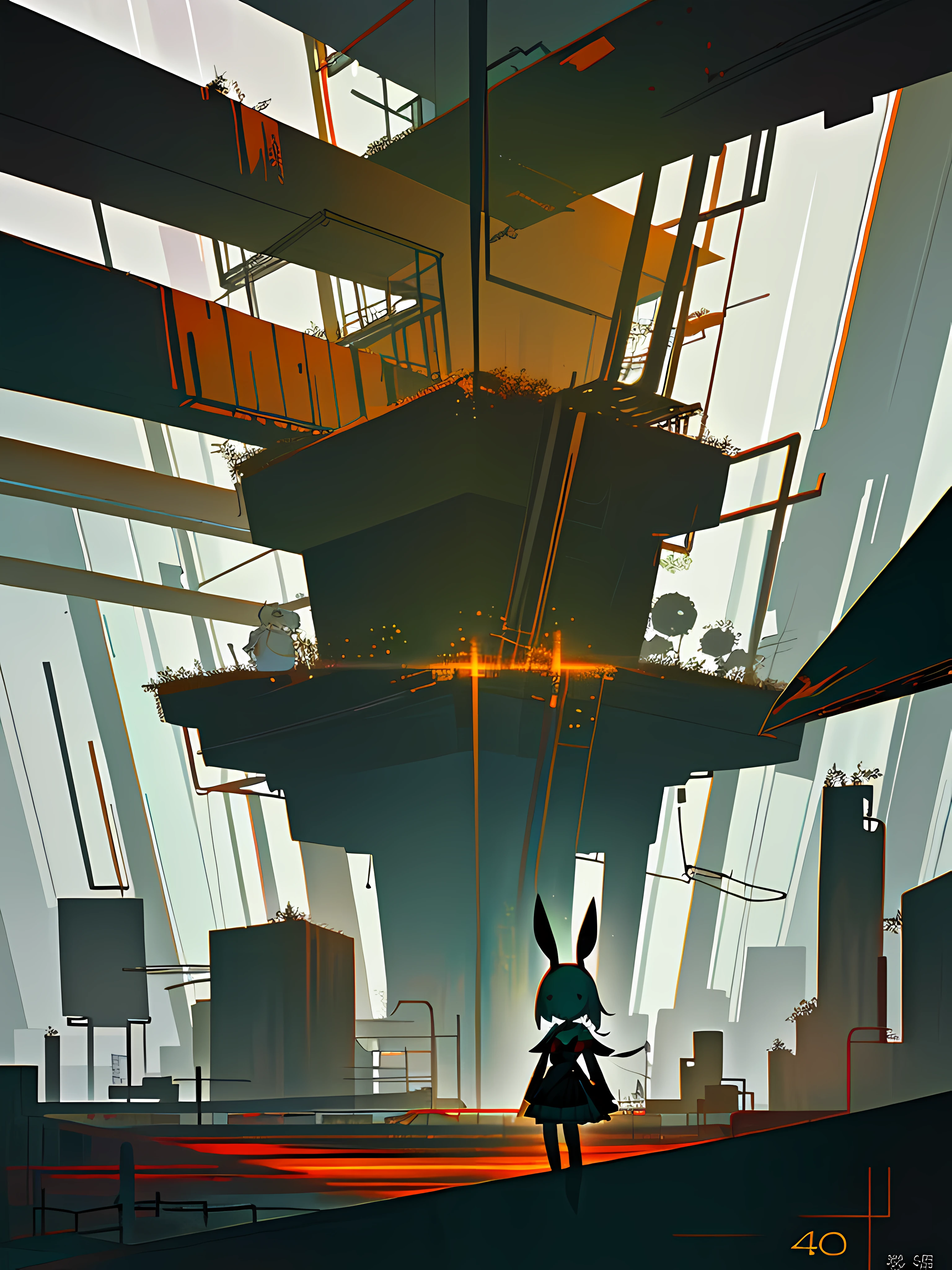 (blame! style abandoned tech landscape), (Zen, Amy Sol style), (underground, dark, foggy, perilous, abandoned dystopian apartment bedroom, deep windows), (abstract anthro rabbit figure wearing bunny ears), cover art with light abstraction, abstract, simple vector art, contemporary Cybernetic art, color gradients, soft color palettes, layered forms, whimsical animation, style Ethereal abstract, 4K, --v6