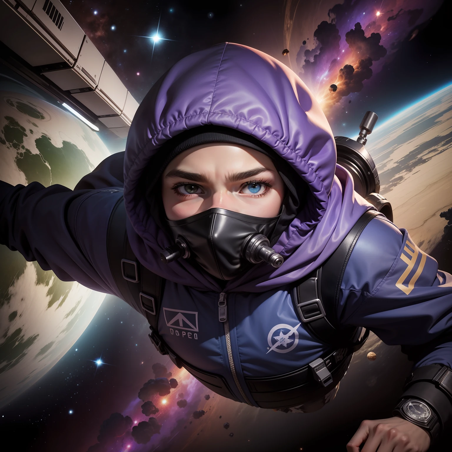 Dope, desenho animado, White teenager wearing thief's mask covering his face floating in outer space with his body under the effect of gravity, ambiente roxo, buracos negros tentando puxar ele, far from camera, sobrancelha menos grossa