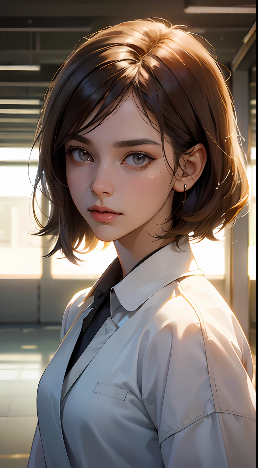 (Airport:1), Afternoon, (Doctor Gown:1), Light Brown Fringe Shorthair, Light Brown Eyes, 1 Girl, 20 Years Old, Innocent, (Photorealistic), (Complex Details:1.2),(Masterpiece, :1.3),(Best Quality:1.4), (Ultra High Definition:1.2), Ultra High Definition, (Detailed Eyes), (Detailed Facial Features), HDR, 8k Resolution, (Lens Flare:0.7) , Reflection, Busy with Inspection Report, Face Viewer