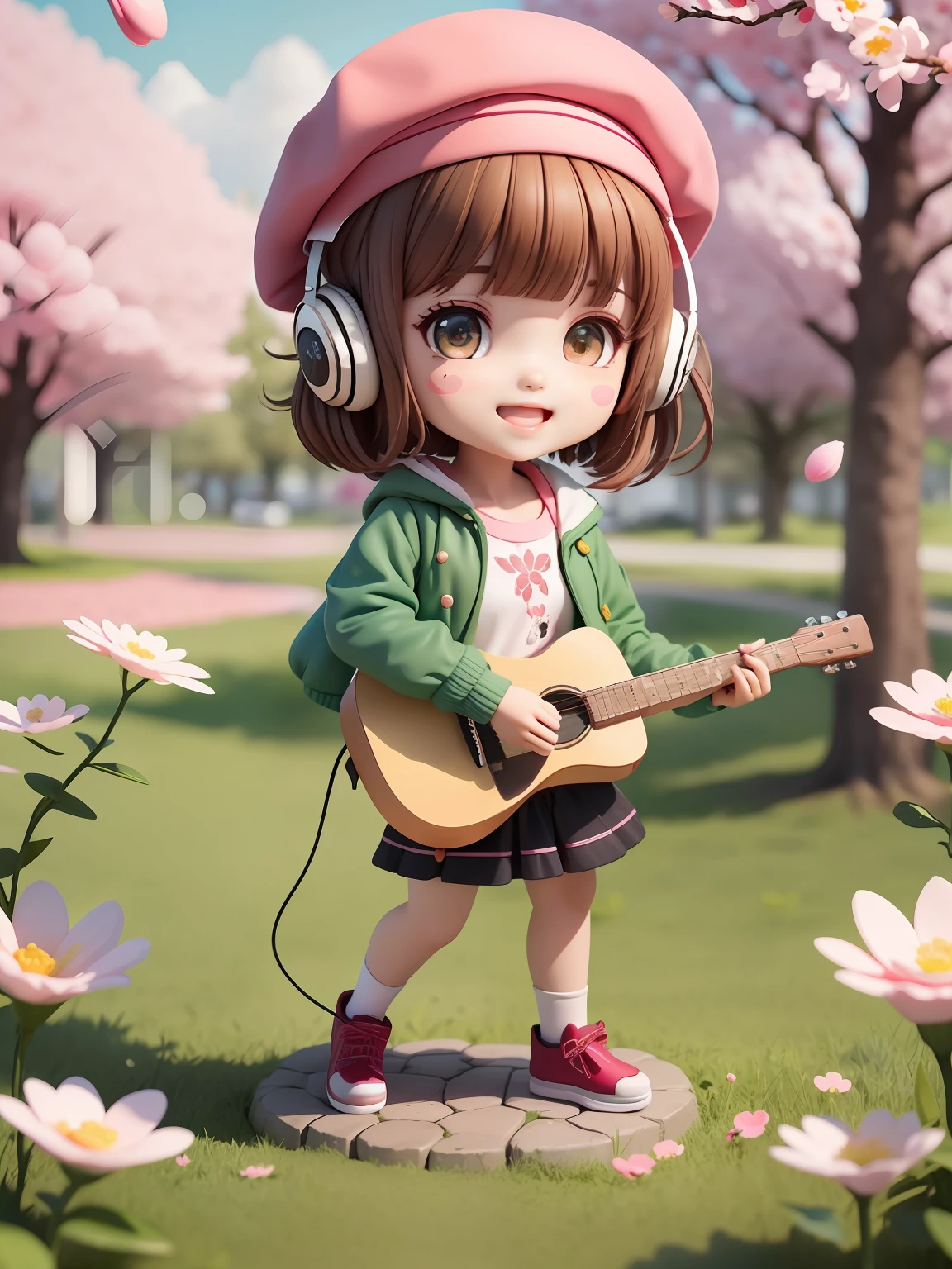 (masterpiece),(best quality),(ultra-detailed), (full body:1.2), 1girl,chibi,cute, smile, open mouth, flower, outdoors, playing guitar, music, beret, holding guitar, jacket, blush, tree, :3, shirt, short hair, cherry blossoms, green headwear, blurry, brown hair, blush stickers, long sleeves, bangs, headphones, black hair, pink flower, (beautiful detailed face), (beautiful detailed eyes),