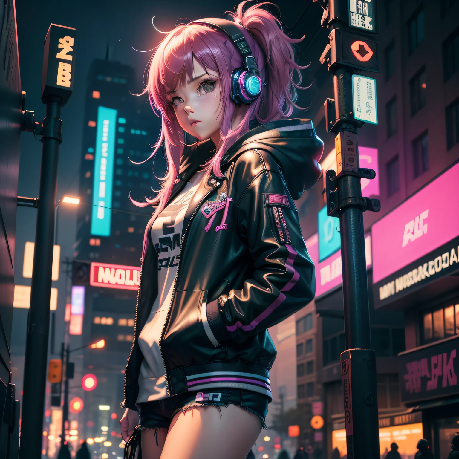 Best quality at best,illustratio,Girl wearing headphones and jacket in the city, Digital cyberpunk, cyber punk Girl,, Female cyberpunk girl, Cyberpunk girl wearing hoodie, Digital cyberpunk, Cyberpunk art of a, Cyberpunk art of a,8K,Konachan wallpaper, dreamy cyberpunk girl, Cyberpunk Girl Mech