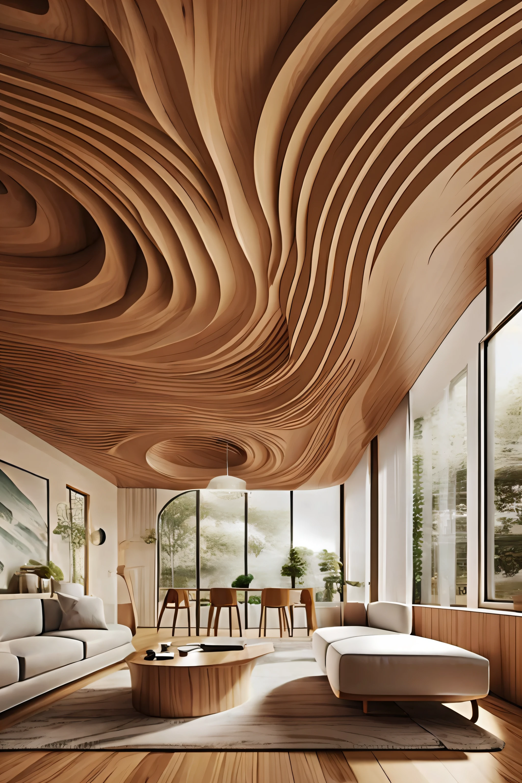 Hall with wooden wave ceiling（Realistic photos:1.2）、Exquisite modern cabinetry。