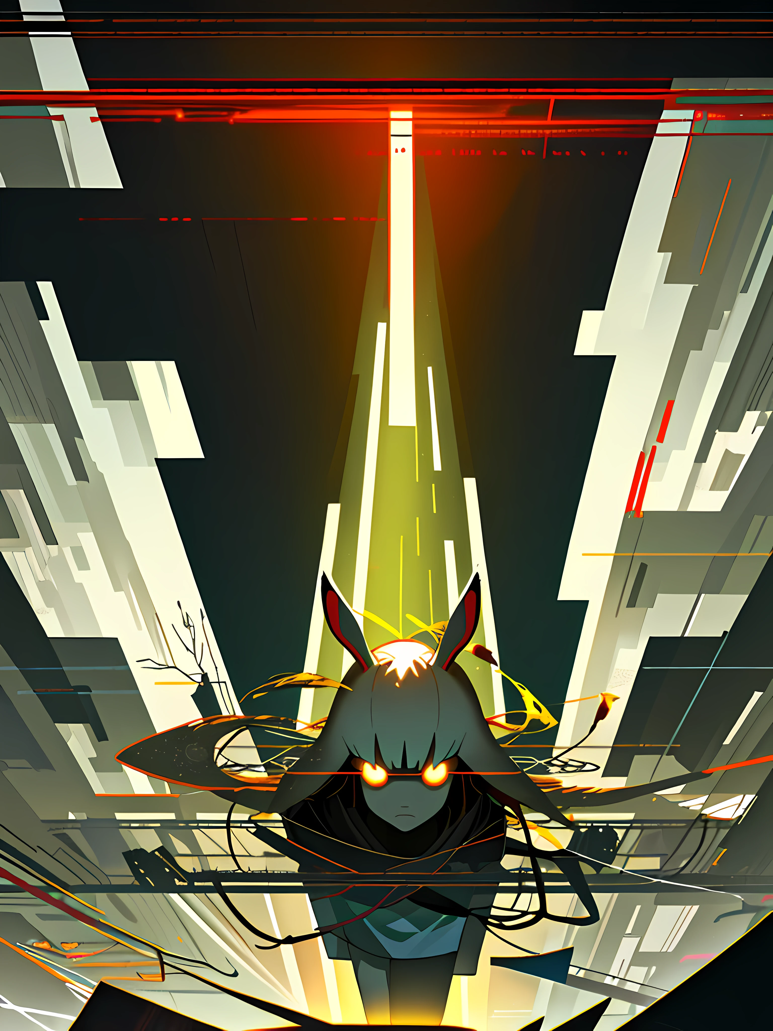 (blame! style abandoned tech landscape), (Zen, Amy Sol style), (underground, dark, foggy, perilous, abandoned dystopian apartment bedroom, deep windows), (abstract anthro rabbit figure wearing bunny ears), cover art with light abstraction, abstract, simple vector art, contemporary Cybernetic art, color gradients, soft color palettes, layered forms, whimsical animation, style Ethereal abstract, 4K, --v6