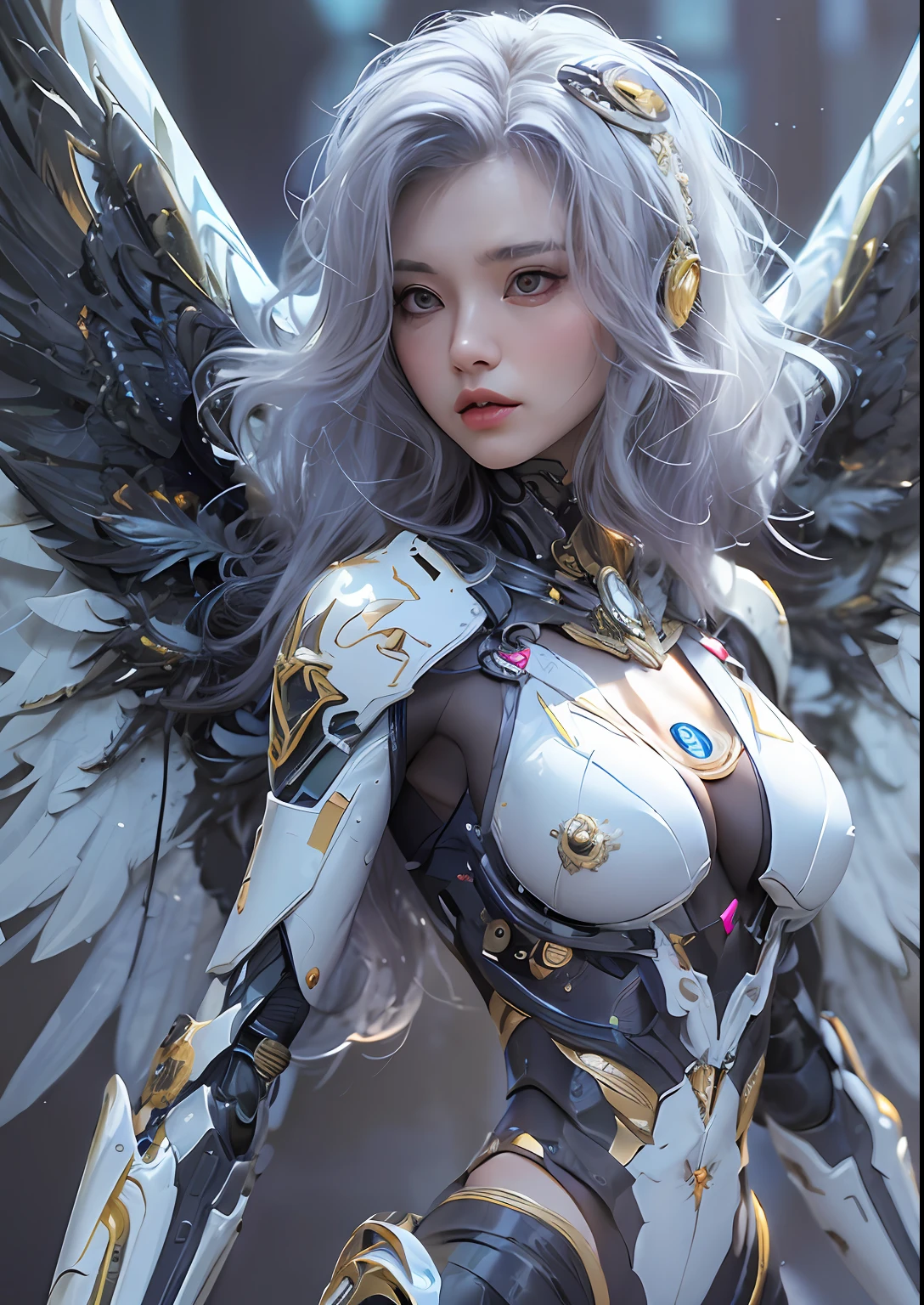 top-quality、masterpiece、超A high resolution、(Photorealsitic:1.4)、Raw photo、Cyborg Angel、large wings made of metal、White porcelain body、white hair、glowy skin、1 Cyborg Girl、((super realistic details))、portlate、globalillumination、Shadow、octan render、8K、ultrasharp、character edge light,Colossal tits、Raw skin is exposed in cleavage、Details of complex ornaments、Detailed hydraulic cylinders from Sumer、Small LED lamp、highly intricate detail、Realistic light、a purple eye、radiant eyes、Facing the camera、neon details、cowboy shot、Futuristic headgear、About Cyberpunk、、