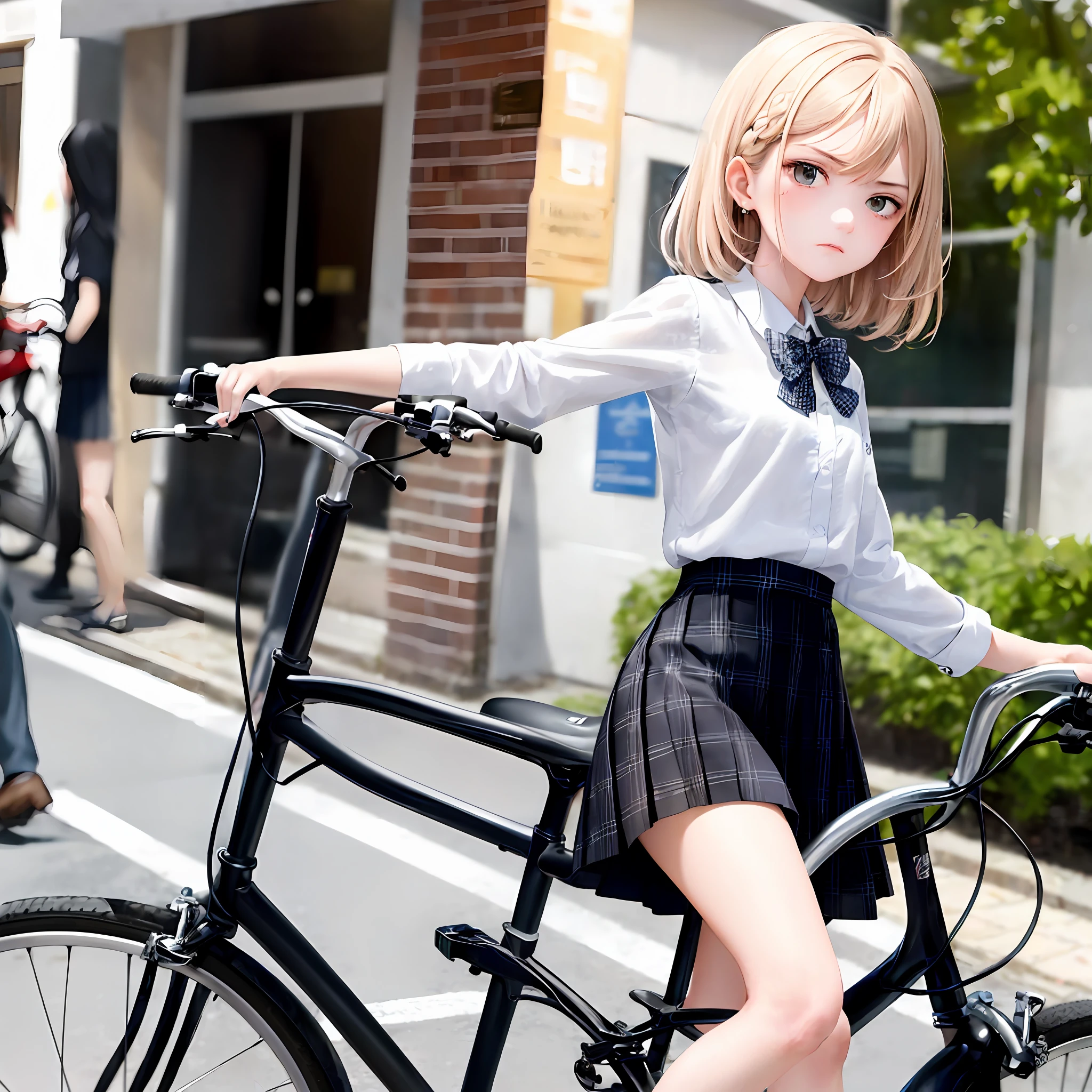1girll, (Masterpiece:1.1), (Best quality:1.1), (White blouse:1.1), (checkered skirt:1.1), school uniform, high waisted skirt,white color hair,A bicycle,(Street 1.1),Angry expressions,sideface
