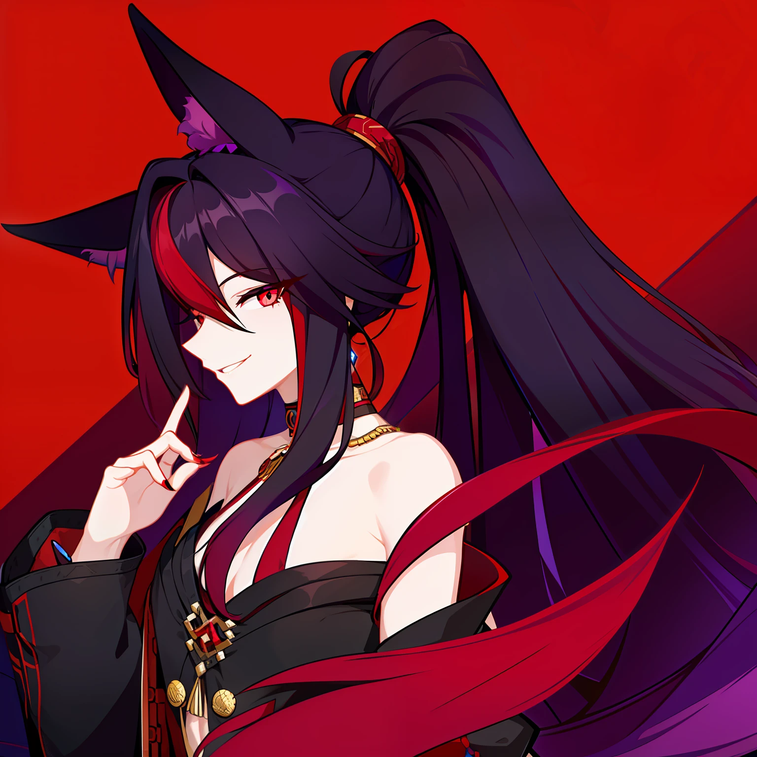 Young guy, pretty facial features, long dark purple hair, half gathered in messy ponytail, half loose, dangerous bright red eyes, black fit clothes with many jewels, fox ears and tail, mad smile