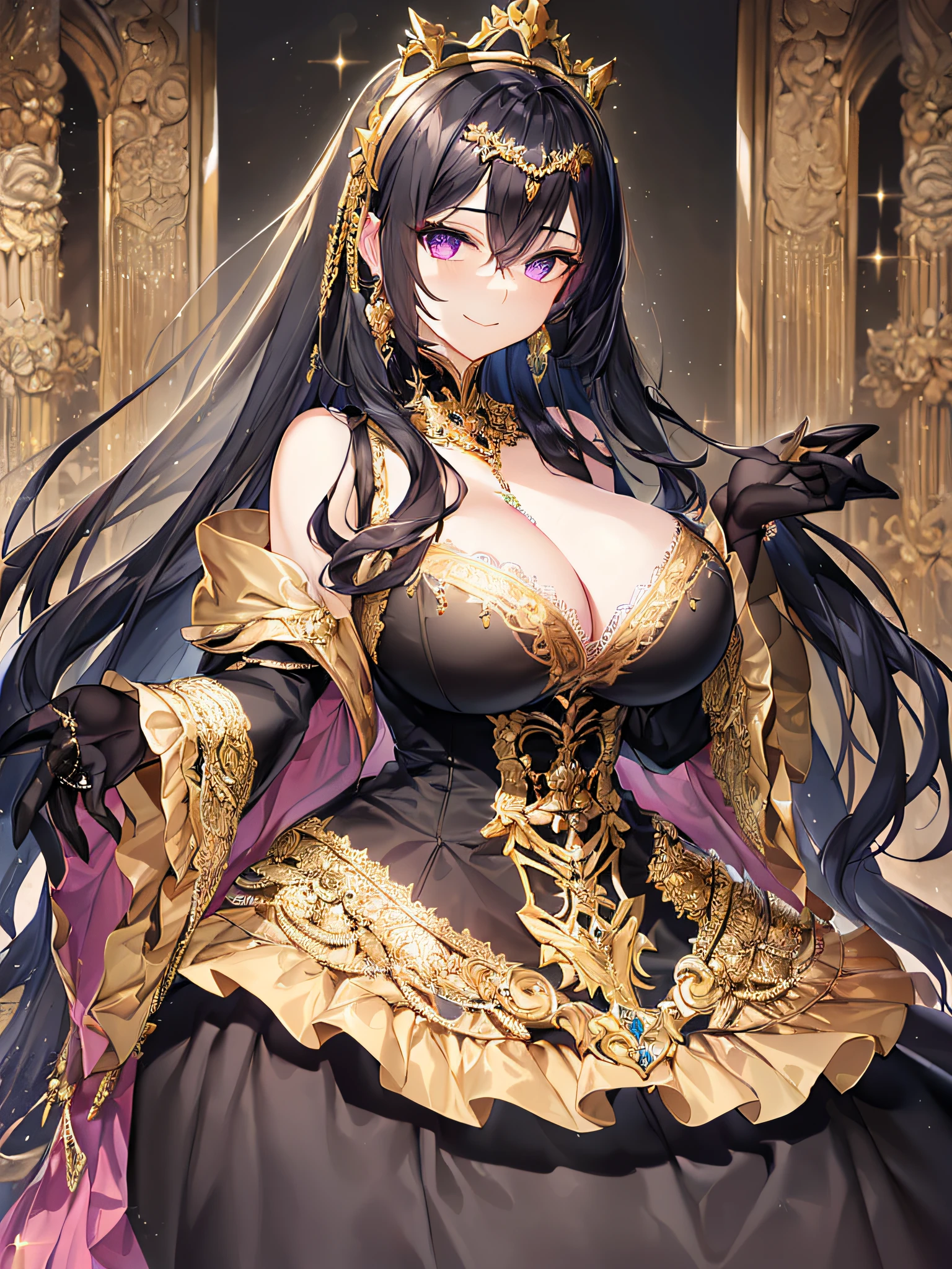 ((anime artstyle)),(Masterpiece),(Best Quality), (Super Detail),((Very Delicate and Beautiful)),((Solo)),((full body)),((one arrogant queen in glitter jeweled black and gold gorgeousfull rococo ball gown with voluminous  fluffy skirt)),((BlingBling)),((arrogant)),((arrogant and naughty smile)),(Purple eyes),Sharp eyes,detailed face and eyes,jewel-like eyes,((Very Long voluminous black Hair)),Straight Hair,((Bangs between eyes)),((gorgeousfull embroidery and lace)),gorgeous corsage,See-through,gorgeousfull BlingBling hair ornament,gorgeousfull glitter jeweled tiara,ornate ruffles,((gigantic breasts,Long breasts)),skindentation,((full body)),((hoop skirt,crinoline)),BlingBling jewelry ornaments,Dynamic Angle,Looking at viewer,(((gorgeous embroidery and glitter jeweled black and gold gorgeousfull rococo ball gown with voluminous fluffy skirt))),(full body)