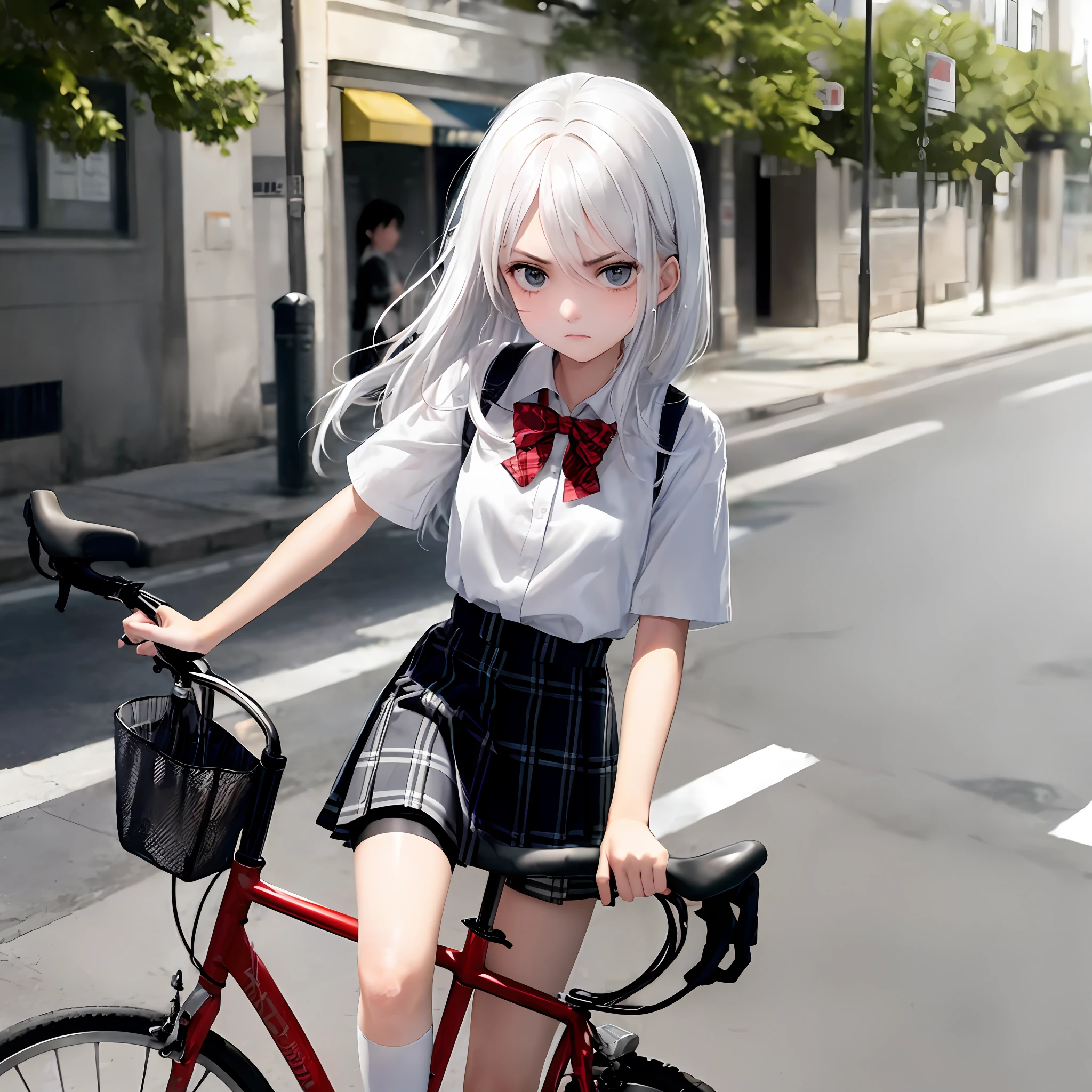 1girll, (Masterpiece:1.1), (Best quality:1.1), (White blouse:1.1), (checkered skirt:1.1), school uniform, high waisted skirt,white color hair,A bicycle,(Street 1.1),Angry expressions,sideface