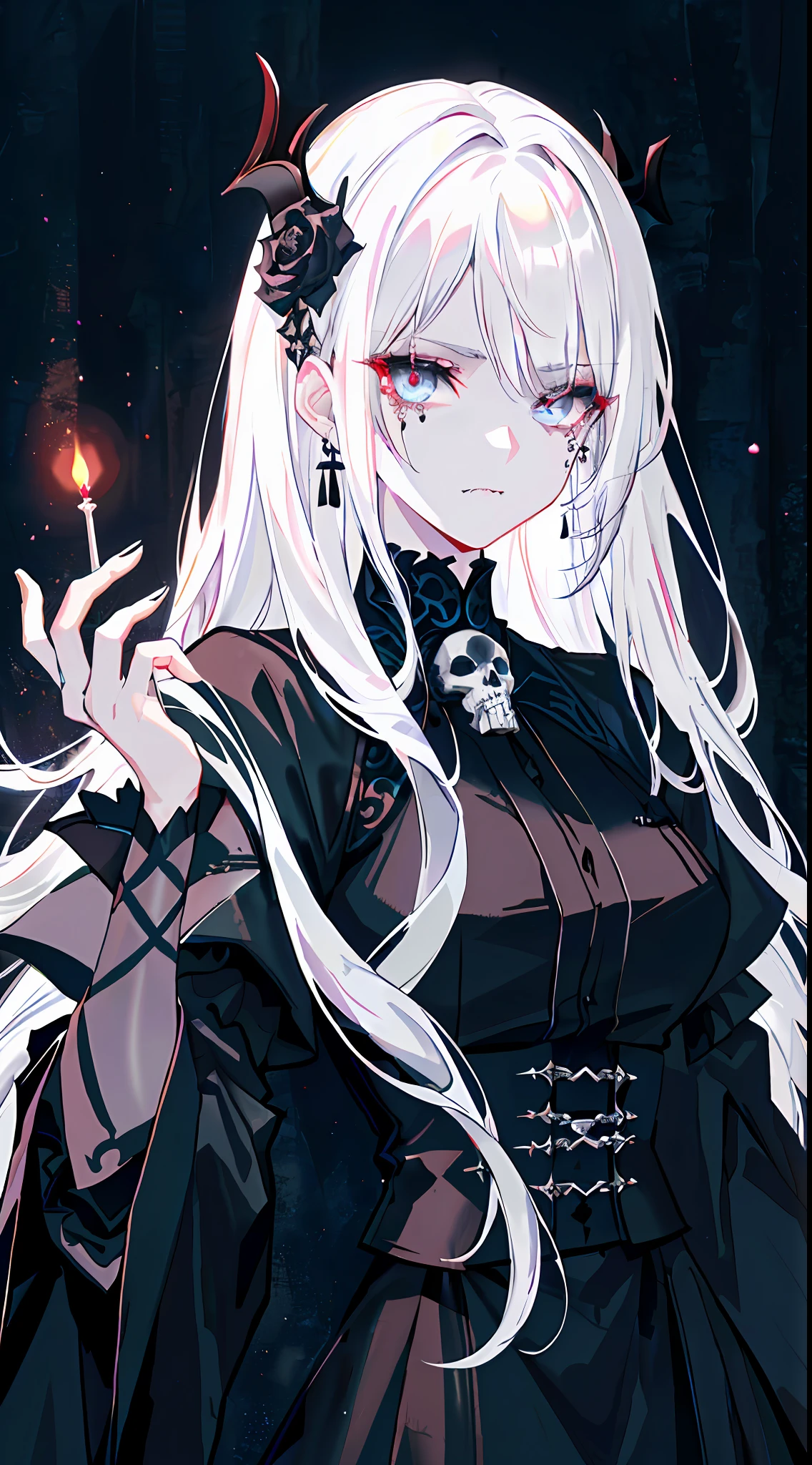 （tmasterpiece，best qualtiy）， 独奏，A white-haired woman holds a candle，anime skull portrait woman,beautiful necromancer girl，beautiful girl necromancer，，Smoky, Flowing white hair，Harsh eyes，paleskin，black eyeshadows，Black blood and tears，Two fangs are exposed，Gothic shoujo anime characters，beautiful necromancer，gothic fantasy art，dark fantasy style art, White-haired god,Retrato de um necromante feminino，necromante feminino，goddess of death，dark moody lighting，with light glowing，mistic，magical，edge lit