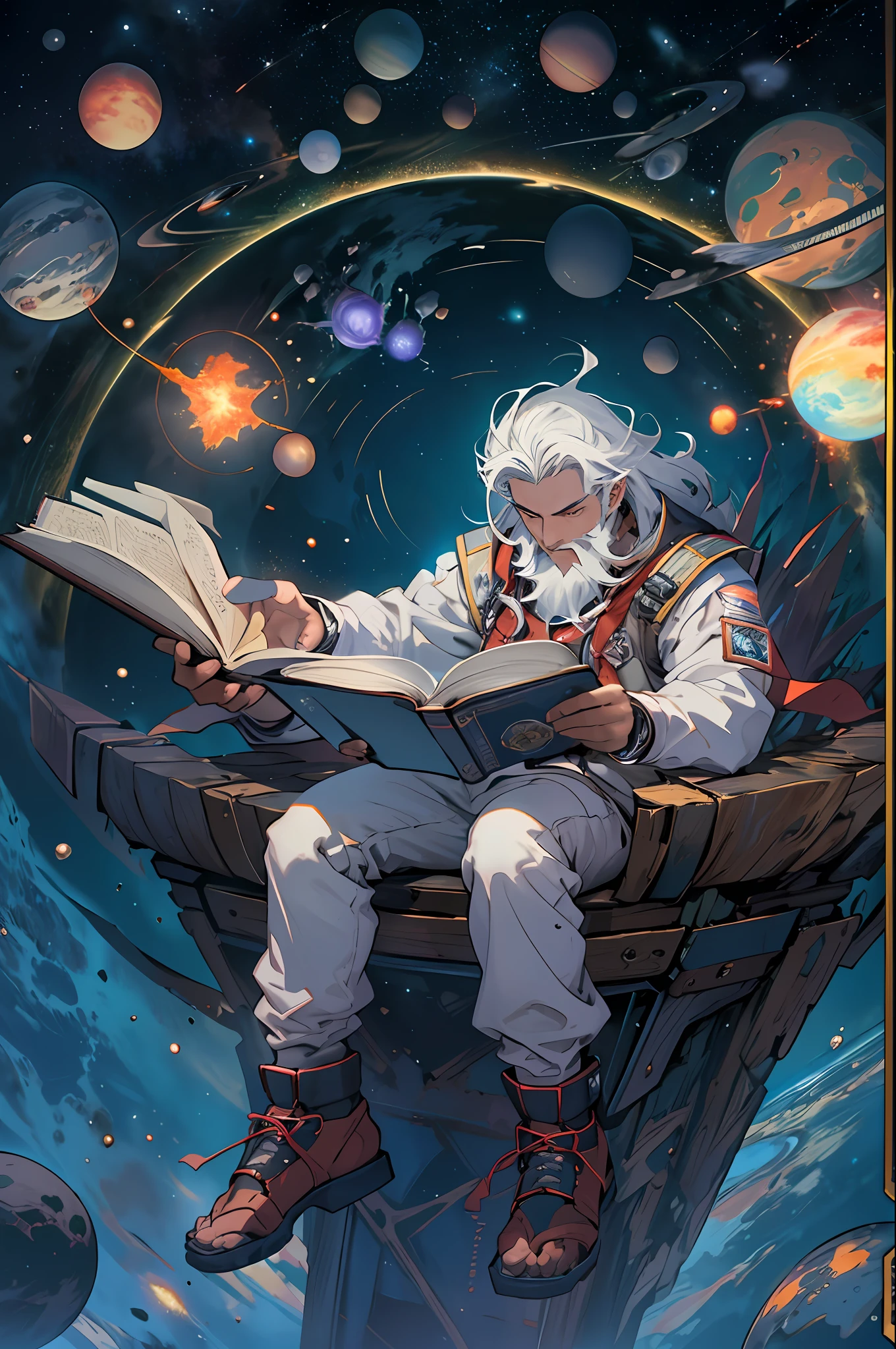 cabelos grisalhos, cabelo branco, ice white hair Draw a young time traveler sitting on a research platform floating in the middle of an asteroid belt. He has a book in his hands, livro de magia, Book in left hand surrounded by several asteroids glowing with auras of fire. The dramatic illumination of distant stars and planets illuminates the scene, casting deep shadows on the costume. O jovem parece confiante e determinado, looking at the vast and mysterious universe with wonder and respect, barba, tiro de cowboy,