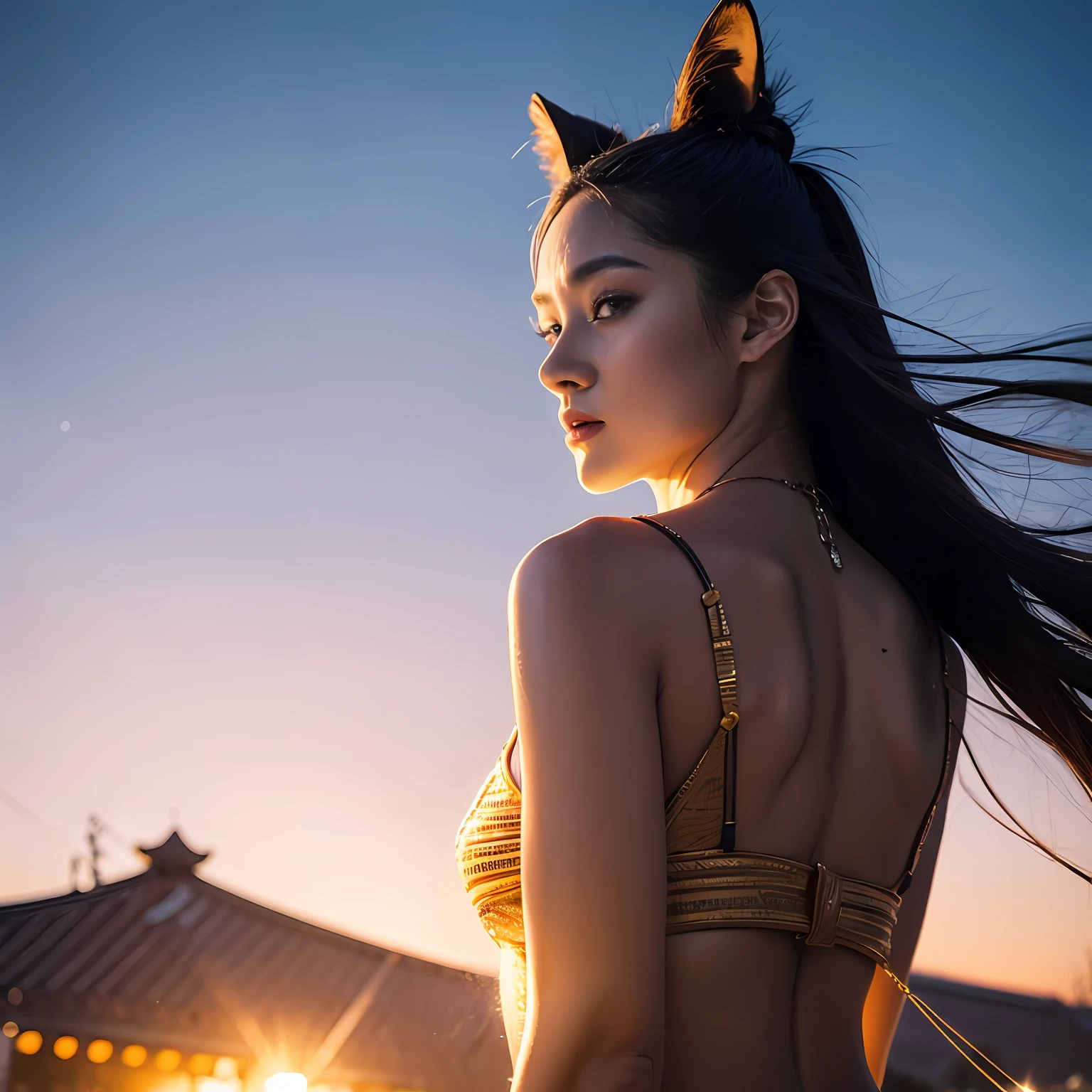 (best quality, masterpiece), 1girl, samurai, particle, wind, looking at viewer, fox ear, monsters in background, backlighting, upper body, pose