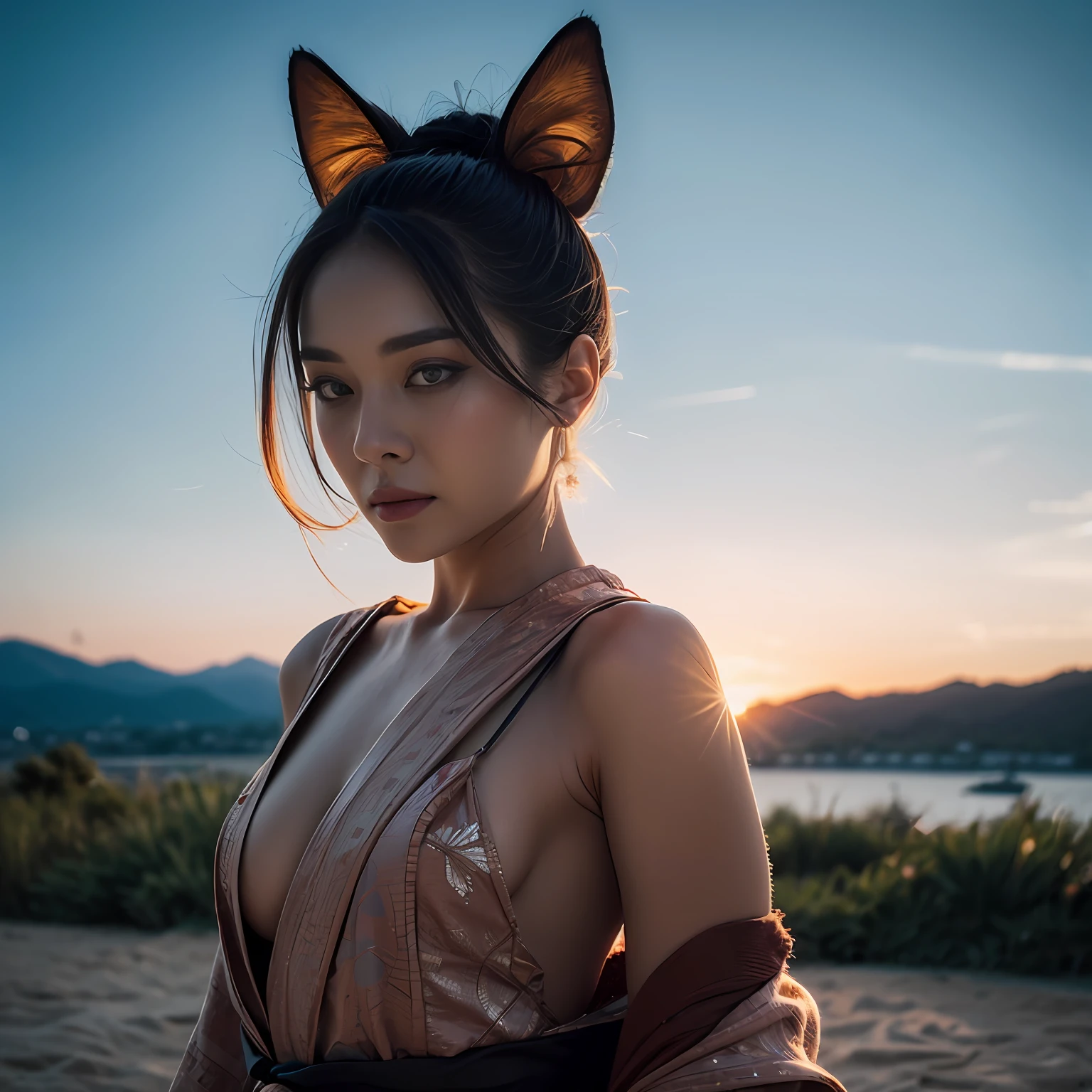 (best quality, masterpiece), 1girl, samurai, particle, wind, looking at viewer, fox ear, monsters in background, backlighting, upper body, pose