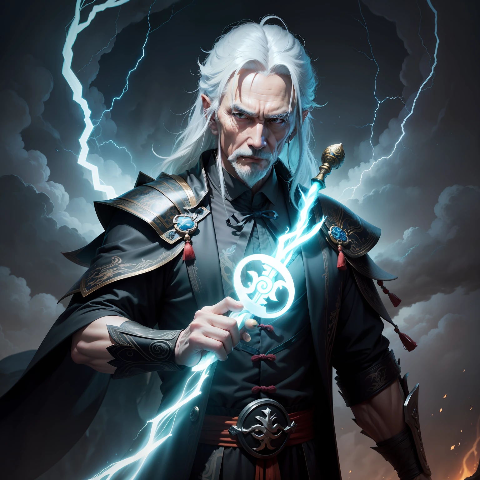 Portrait of a Taoist grandfather，Fairy wind road bone，There is a multicolored glow，Ancestral Master Excalibur in his right hand，The left hand pinched the Voldemort Seal，The whole body is surrounded by thunder and lightning，The background is in the void in the clouds