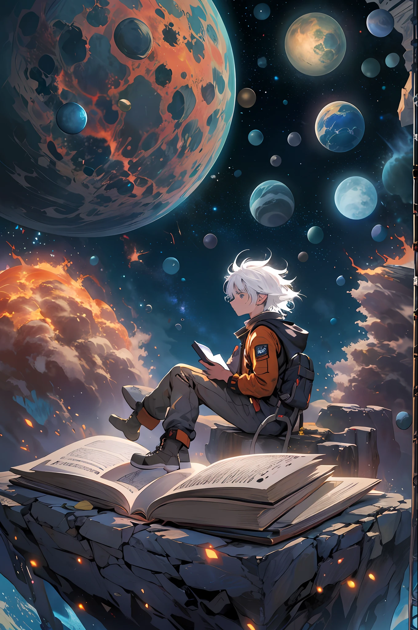 cabelos grisalhos, cabelo branco, ice white hair Draw a young time traveler sitting on a research platform floating in the middle of an asteroid belt. He has a book in his hands, livro de magia, Book in left hand surrounded by several asteroids glowing with auras of fire. The dramatic illumination of distant stars and planets illuminates the scene, casting deep shadows on the costume. O jovem parece confiante e determinado, looking at the vast and mysterious universe with wonder and respect, barba, tiro de cowboy,