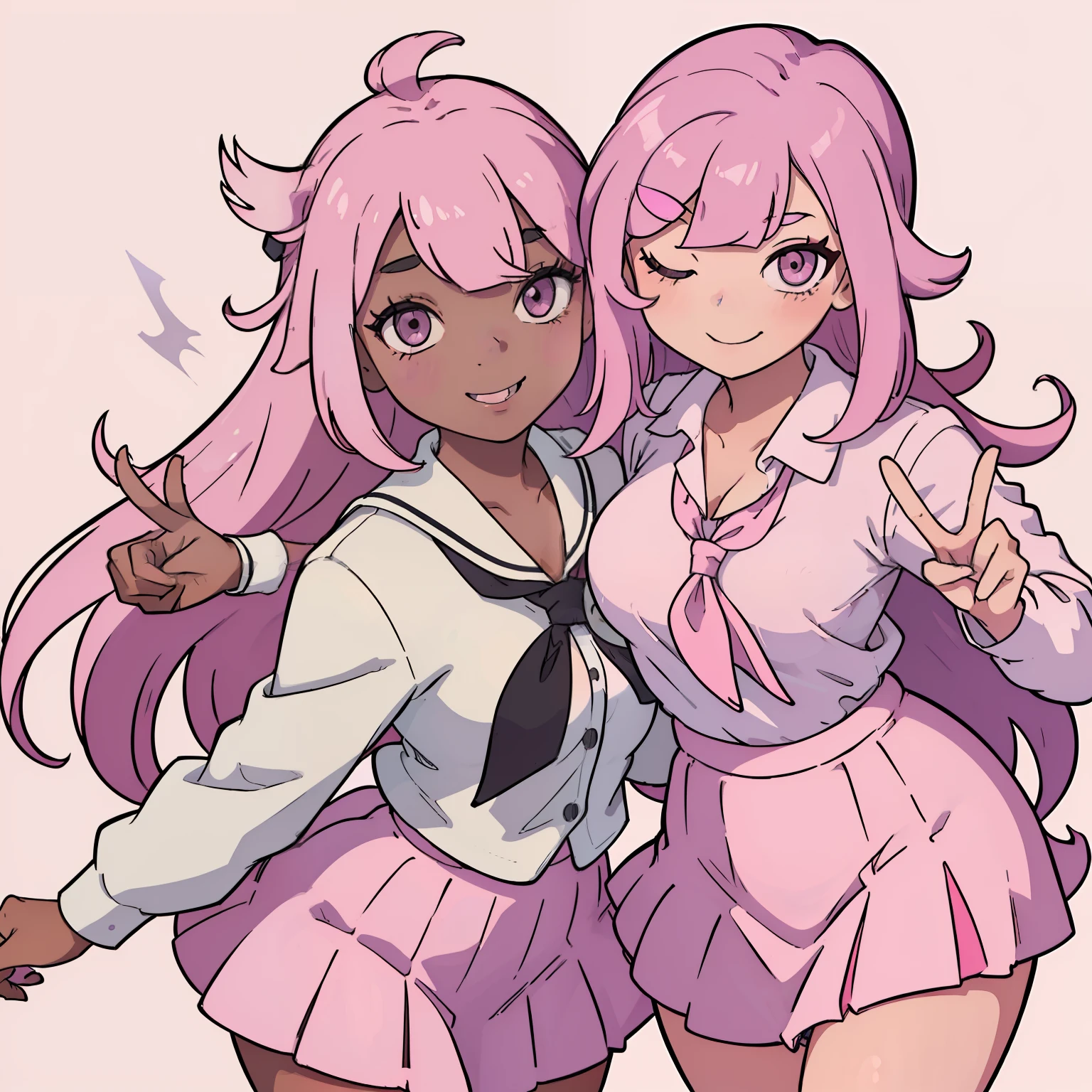 1girl in、pencil skirts、white shirt、cleavage of the breast、darkskinned、shorth hair、side poneyTail、Curvaceous、simple background、
((masterpiece))、 RPG wind、portlate、Pink hair color、Girl doing peace、Close one eye、a smile、(((School uniform, posing for viewer, modeling for viewer, winking))),