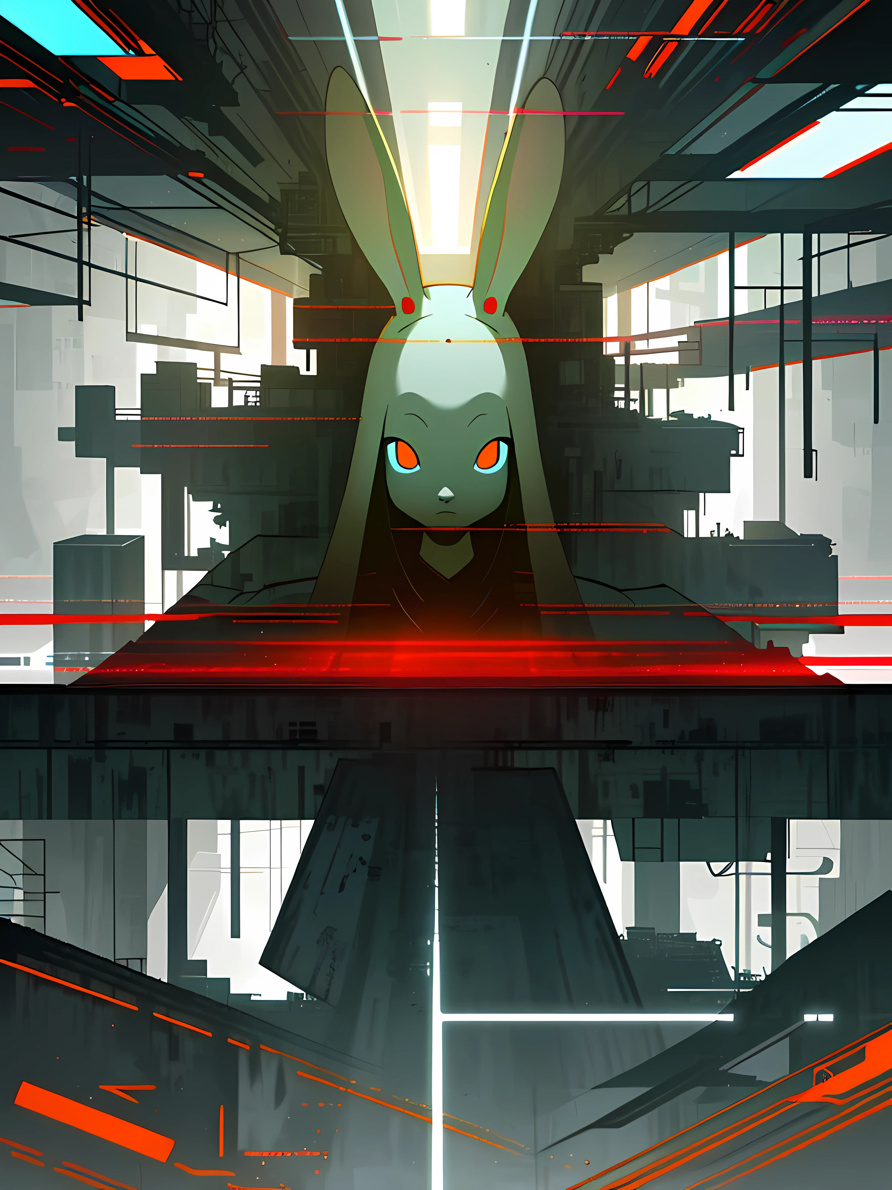 (blame! style abandoned tech landscape), (Zen, Amy Sol style), (underground, dark, foggy, perilous, abandoned dystopian apartment bedroom, deep windows), (abstract anthro rabbit figure wearing bunny ears), cover art with light abstraction, abstract, simple vector art, contemporary Cybernetic art, color gradients, soft color palettes, layered forms, whimsical animation, style Ethereal abstract, 4K, --v6