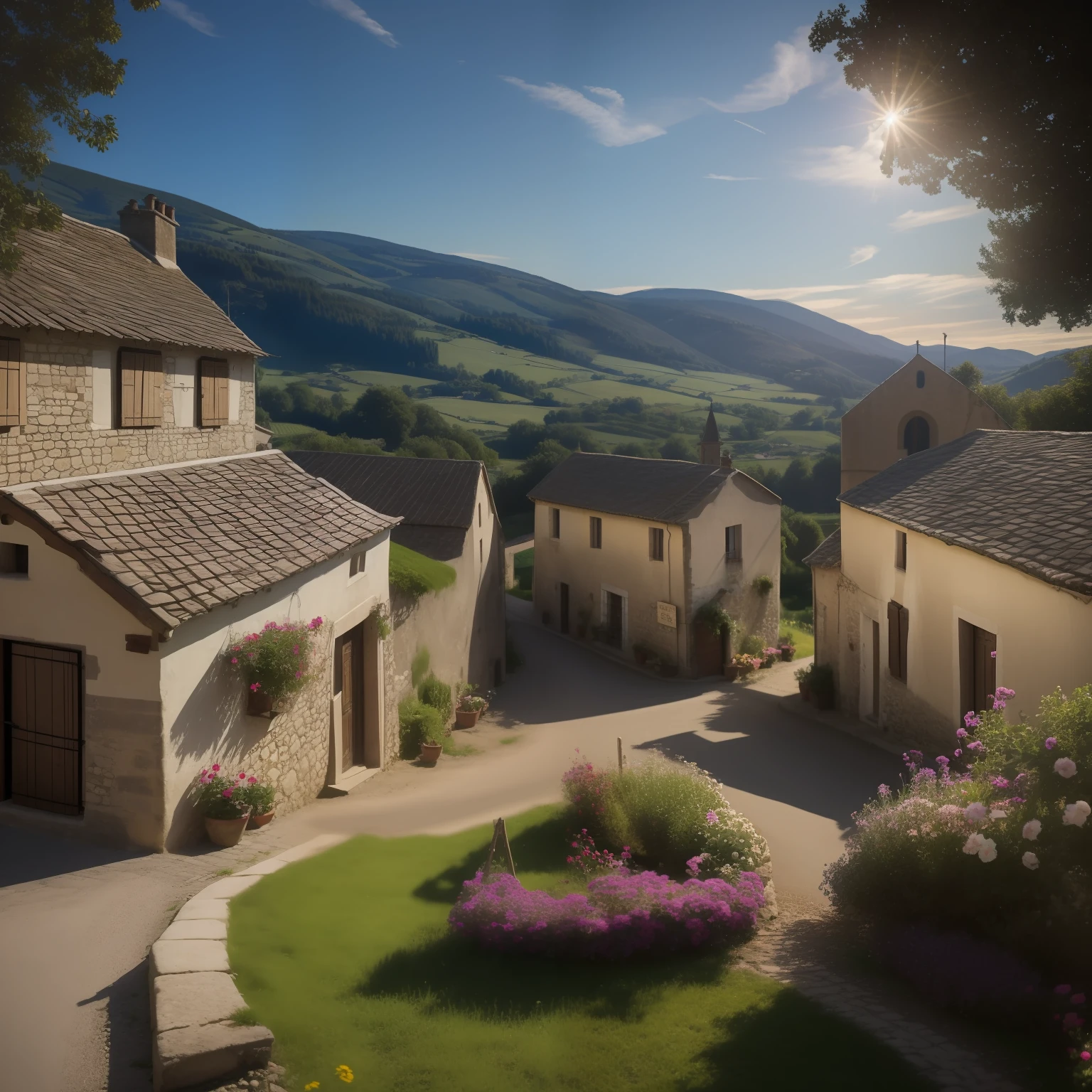 Subject: French Village - Idyllic Peaceful Coexistence
Description: In this idyllic photograph, French villagers are seen going about their daily lives in peaceful coexistence. Nestled in the picturesque countryside, the medieval village exudes tranquility, as villagers tend to their farms, trade goods, and gather at the communal well. The scene depicts a harmonious and tight-knit community, where laughter and camaraderie replace the tumult of warfare, exemplifying the beauty of peaceful living during medieval times.
Type of Image: Realistic Photograph
Art Styles: Historical Realism, Rural Life Photography
Art Inspirations: Historical village life photographs, countryside sceneries
Camera: Nikon D850 DSLR
Shot: Wide-angle with a 35mm lens
Render Info: High-resolution 4K, capturing the idyllic tranquility of the French village, soft natural lighting illuminating the scene, and intricate details of villagers' activities and the village architecture.