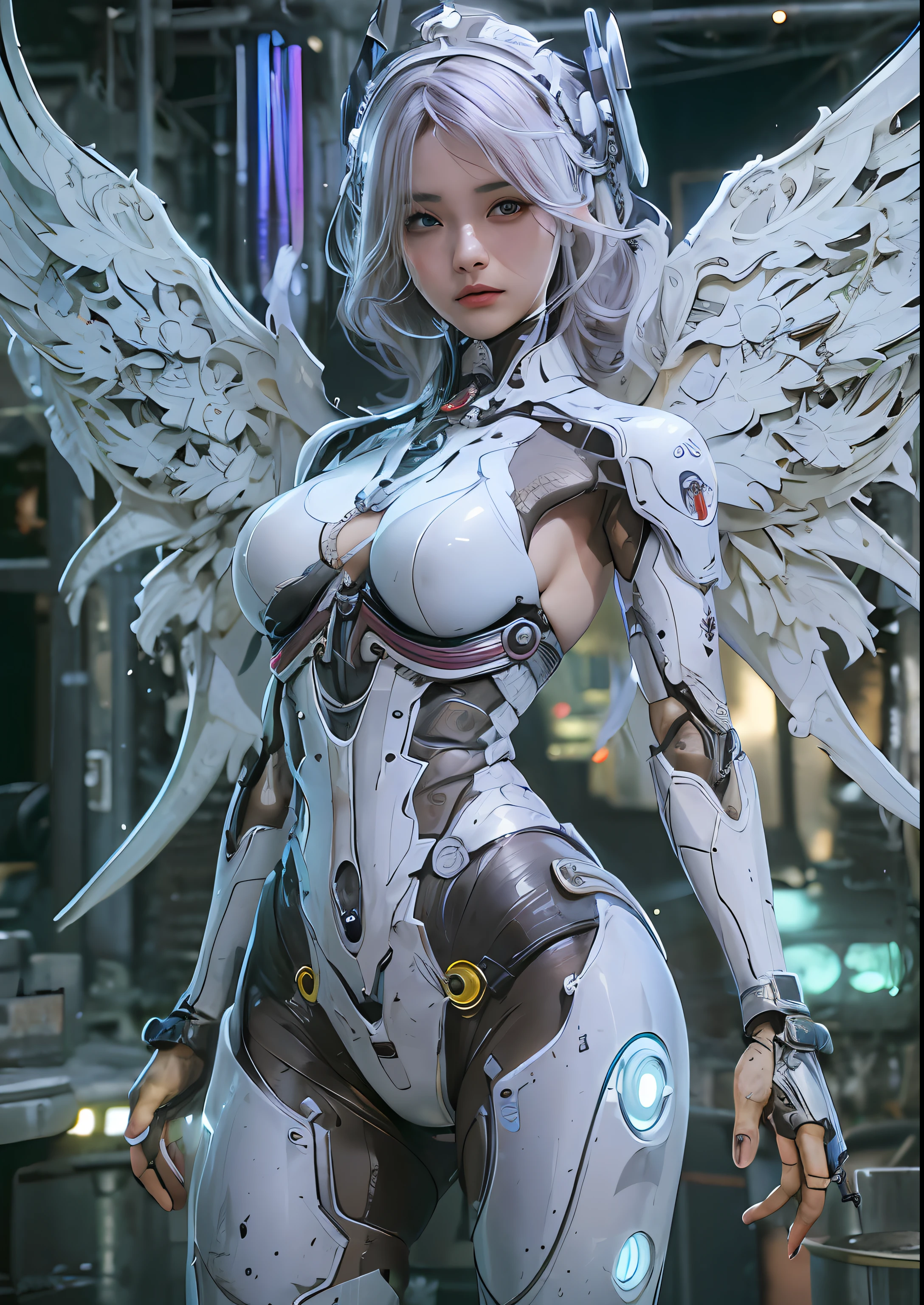 top-quality、masterpiece、超A high resolution、(Photorealsitic:1.4)、Raw photo、Cyborg Angel、large wings made of metal、White porcelain body、white hair、glowy skin、1 Cyborg Girl、((super realistic details))、portlate、globalillumination、Shadow、octan render、8K、ultrasharp、character edge light,Colossal tits、Raw skin is exposed in cleavage、Details of complex ornaments、Detailed hydraulic cylinders from Sumer、Small LED lamp、highly intricate detail、Realistic light、a purple eye、radiant eyes、Facing the camera、neon details、cowboy shot、Futuristic headgear、About Cyberpunk、、