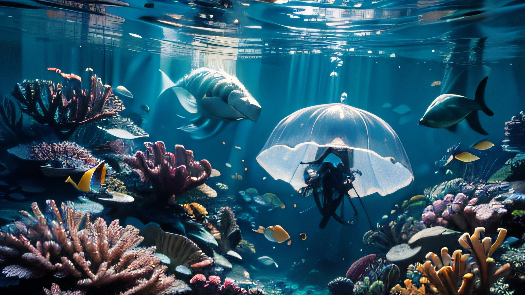 (Underwater, Closed_Eyes,),absurderes, high resolution,(8K resolution), 8K, 8kres, 8K real, High details, Verbose and licensed, International high detail,highly intricate detail,absurd details,Hyper-Resolution,hyper HD,megapixel,vfx,FXAA,TXAA,RTX,SSAO,Shaders,denoised,Denoising,cel shading,Tone-mapping,Environmental occlusion,rays of moonlight,Depth - fc,Deep under the sea,Little jellyfish learn to live in symbiosis with other species,Together, they create a harmonious marine environment