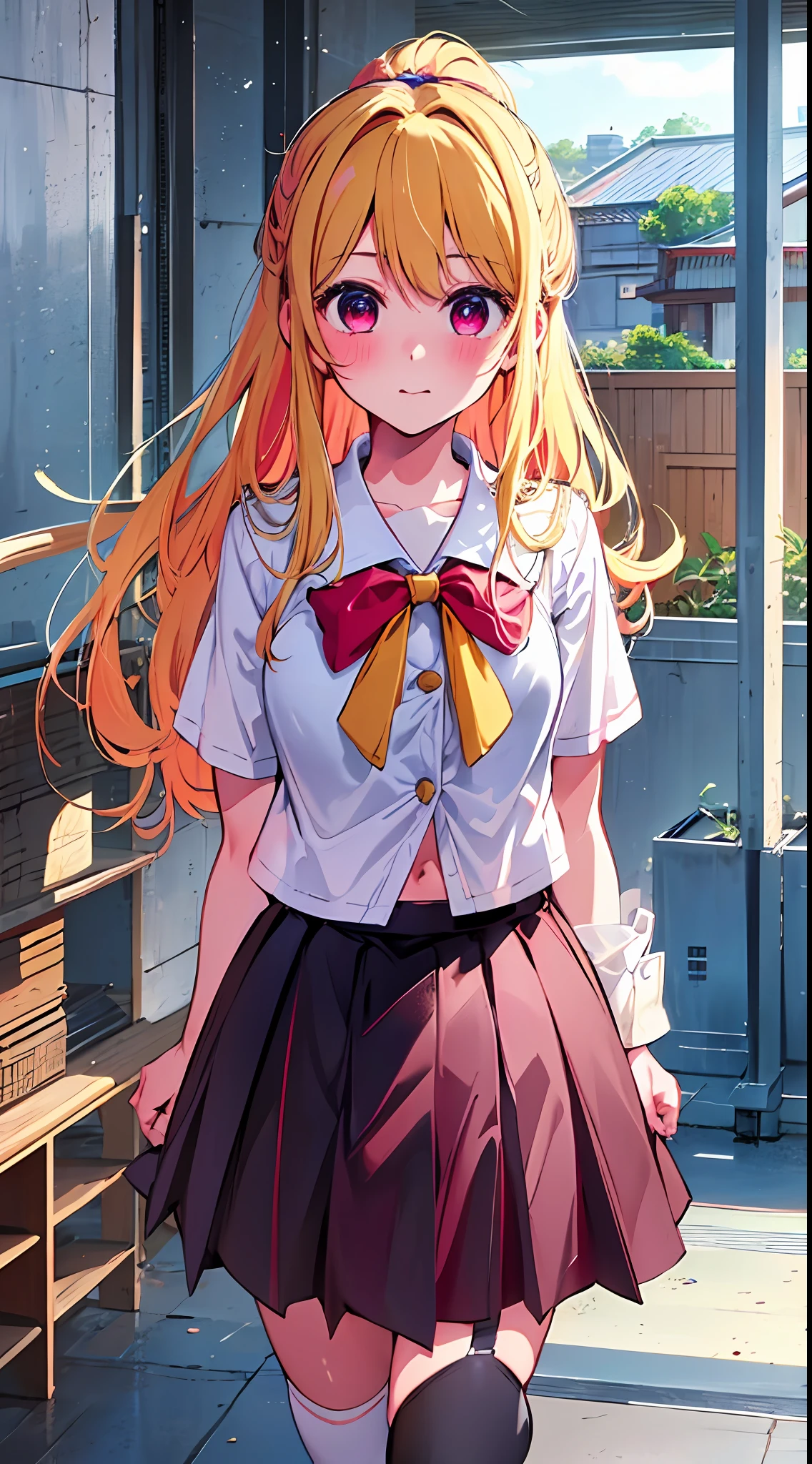 The main girl is beautiful and cute, traditional uniform, neat and clean coordination, "neat and bright uniform coordination", full body, full body illustration, best illustration, realistic and elaborate uniform, high school uniform, elementary school student, ((highest quality)), ((masterpiece)), (detail: 1.4), anatomical, award-winning concept art, beautiful, fine details, portrait, look viewer, (full body display)), 1 girl, full body, solo, 6 years old, elementary school student, child actor, golden hair, blonde, semi-long hair, red and pink eyes, big eyes, the pupil of the left eye is star-shaped, characteristic left eye pupil, left eye pupil clear, left eye pupil detailed, cute underwear, panties, long skirt, silk material panties, wet shirt, wet clothes, skirt lift, blush, classroom, navel out, clothes lift, simple background, lifting clothes, white shirt, uniform, dark blue blazer, Japan cute uniform, look away, short sleeves, loli, elementary school, main girl beautiful and cute, loli, baby face, cute, young, young, young, young appearance, fantastic visual depiction, professional effect, beautiful girl, petite girl, sweaty transparent clothes, uneven, absurd, uneven, As for uniforms, along with the girls' school, it is the oldest girls' school Japan based on Christianity, "very cute with traditional uniforms", "very cute sailor uniforms for both summer and winter clothes", heel-up loafers, golden hair, traditional uniforms, neat and clean coordination, "In line with our school's educational policy of aiming to "nurture independent women", the uniform expresses the beauty of intelligent and dignified women. I'm proud of the school", the main girl is beautiful and cute