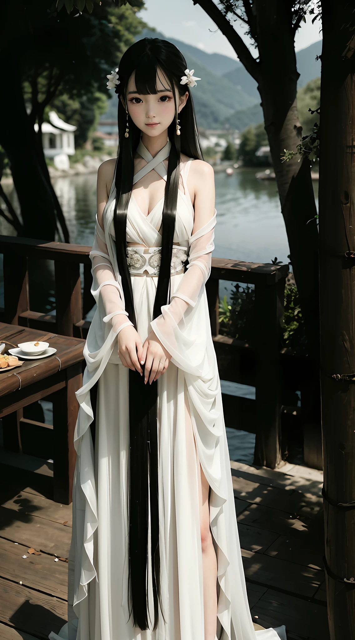 tmasterpiece,best qualtiy,offcial art,8k wallpaper,The is very detailed,illustratio,Plain white long dress,A white cloth was wrapped around the chest,Reduces chest exposure,1个Giant Breast Girl,Black hair,long whitr hair,Umbrella in hand,Take a walk on the lake with your eyes open,A piece of tulle covers the chest,exposed bare shoulders,long skirt,Hanfu,lakes,Pure,softl smile,bamboos,teas