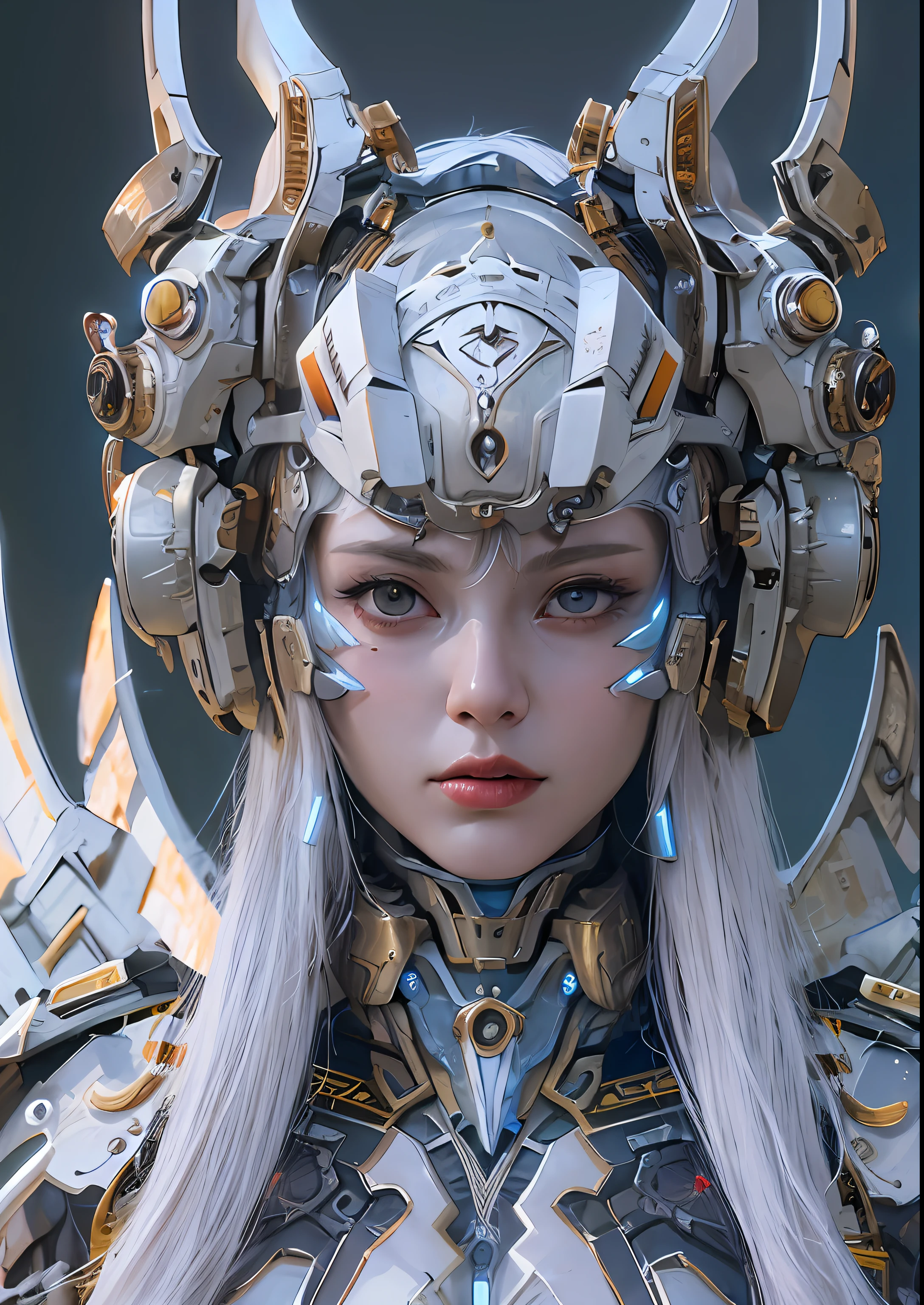 top-quality、masterpiece、超A high resolution、(Photorealsitic:1.4)、Raw photo、Cyborg Angel、large wings made of metal、White porcelain body、white hair、glowy skin、1 Cyborg Girl、((super realistic details))、portlate、globalillumination、Shadow、octan render、8K、ultrasharp、character edge light,Colossal tits、Raw skin is exposed in cleavage、Details of complex ornaments、Detailed hydraulic cylinders from Sumer、Small LED lamp、highly intricate detail、Realistic light、a purple eye、radiant eyes、Facing the camera、neon details、cowboy shot、Futuristic headgear、About Cyberpunk、、