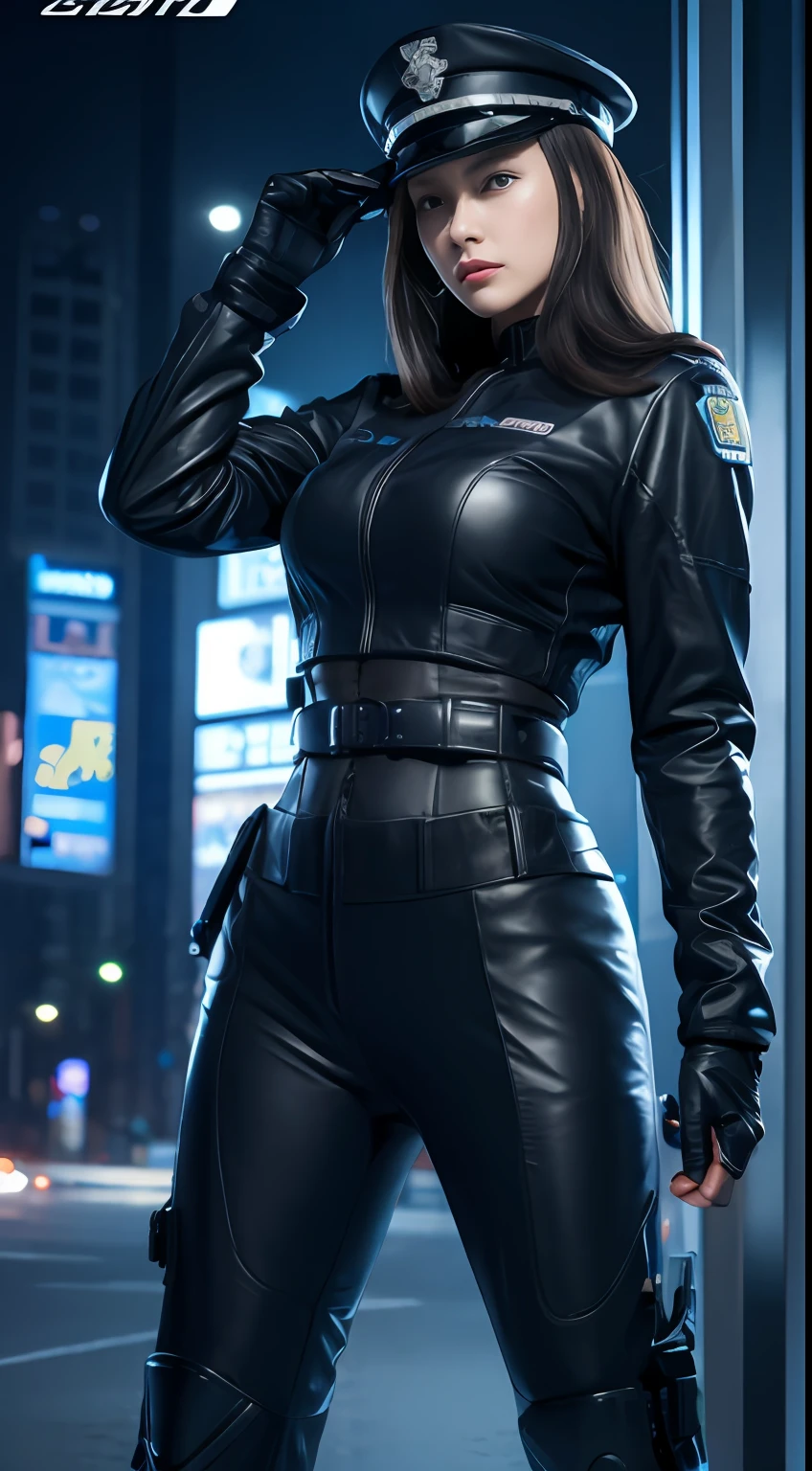 Highest image quality，Outstanding details，超高分辨率，The police of the future，She wears a futuristic SWAT uniform，She stood in front of the police car，Very sexy，Robust body，Sexy and robust，Detailed abs，Detailed muscle lines，dynamicposes，the night，Future city street view background，neonlight，sense of science and technology，future-tech，Very detailed cyberpunk style，cyber punk perssonage，Highly detailed police uniforms，Highly detailed police cap，Highly detailed police force，Highly detailed police badge，Highly detailed armbands，Highly detailed police strips，Highly detailed epaulettes，wear police cap，Highly detailed electric batons，Highly detailed guns，The gun of the future，intercom，Wireless devices，Highly detailed handcuffs，Highly detailed police equipment，Highly detailed police car，Future police car，frontage，Full body photo，Look from the bottom up，look from down, looki at viewer，mechs