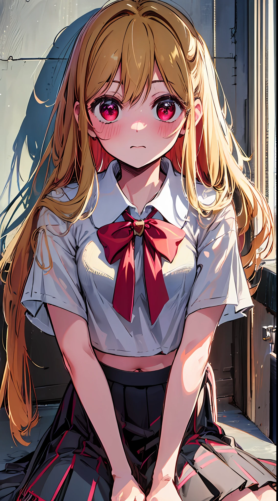 main girl is beautiful and cute, "neat and bright uniform coordination", full body, full body illustration, best illustration, elementary school student, realistic and elaborate uniform, high school uniform, ((highest quality)), ((masterpiece)), (detail: 1.4), anatomical, award-winning concept art, beautiful, fine details, portrait, look viewer, (full body view)), 1 girl, full body, solo, 6 years old, elementary school student, child actor, golden hair, blonde, semi-long hair, red and pink eyes, large eyes, the pupil of the left eye is star-shaped, characteristic pupil of the left eye, pupil of the left eye clear, pupil of the left eye detailed, dark brown blazer, maroon sweater, long checked skirt, dark green and maroon skirt, black hyso, orange large ribbon, white blouse, underwear, panties, skirt, white panties, wet, shirt, wet clothes, skirt lift, blush, classroom, navel,lift under chest, clothing lift, easy background, lifting clothes, uniform, Japan cute school uniform, blazer, look away, short sleeve, loli, skinny, elementary, loli, baby face, cute, young appearance, fantastic visual depiction, professional effects, beautiful girl, petite girl, sweaty transparent clothes, unevenness, absurdity, Heel up loafers, golden hair, red and pink eyes, the main girl is beautiful and cute