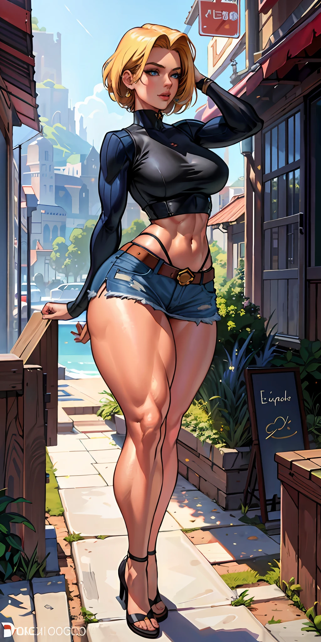 Unbeatable masterpiece,Ultra-realistic 8k CG,Perfect artwork,(1girll:1.1),独奏,((Perfect female image)),(NSFW),looking at viewert,a mature female,Bimbo(Android18)standing on your feet,(teasing),best qualtiy:1.1,tempting pose,a sexy pose,Tempting,(big breasts beautiful),(curves),(bushy),blond hairbl,(eBlue eyes:1.2),short detailed hair,耳Nipple Ring,jewely,denim vest,Open the vest,black pantyhoses,black shirt,Denim skirt,Striped long sleeves, blue skirts, Toned legs, suits, (Abs:1.1), (big assa:1.4), Peach butt, (atheletic body:1.2), (Large breasts:1.3, (big_breasts:1.1), wide_hips:1.5, a narrow waist, Small waist:1.5, slender body:1.2, thick thight:1.3), (shiny skins:1.2), (HDR), (the street:1.2), Nikon D850 Film Stock Photo Kodak Portra 400 Camera F1.6 shots, rich colours, textures true to reality, Dramatic lighting,unreal-engine,Trends on ArtStation,Gerald Brom,Frank Frasertta,Luis Royo,Julie Bell,by Boris Vallejo,the feet,jade foot