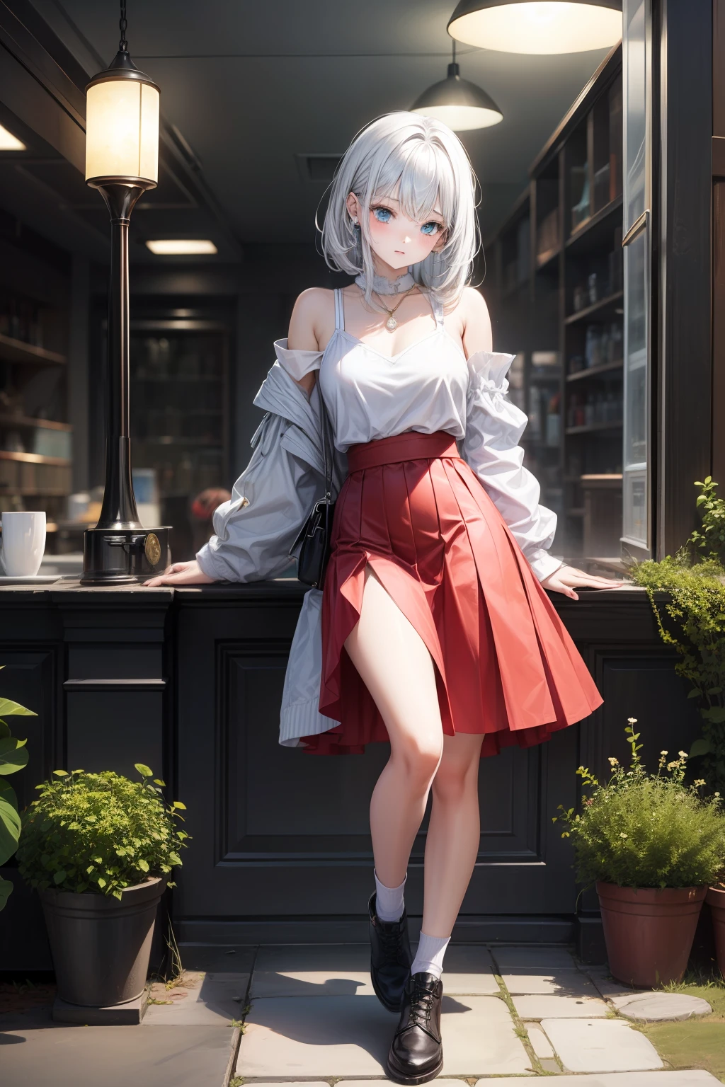 Need,tmasterpiece,teens girl,silber hair,White top,Red skirt,stocklings
