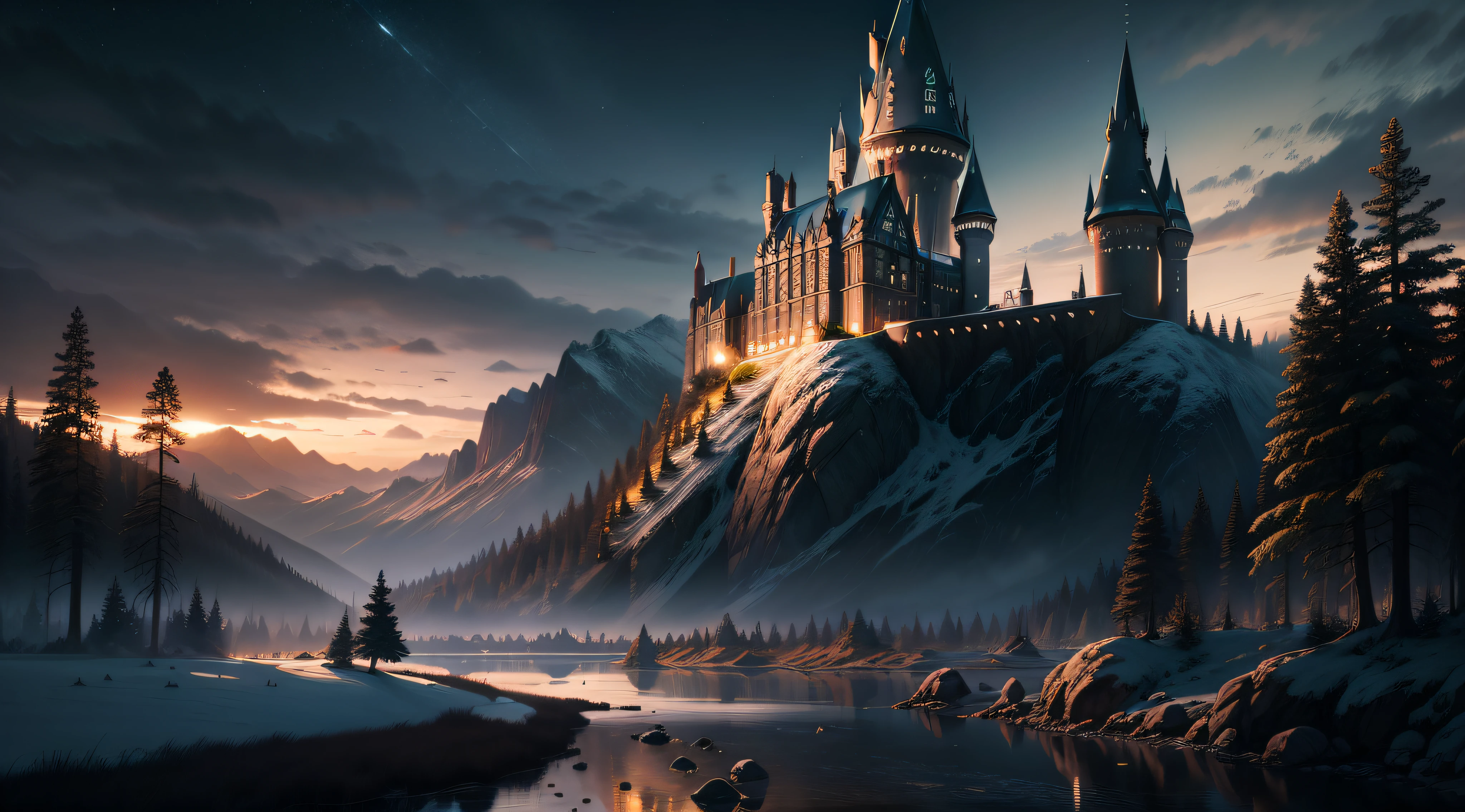 Landscape orientation，tmasterpiece，Ultimate quality，CG unity 8k wallpaper，Super delicate，nighttime scene，Hogwarts