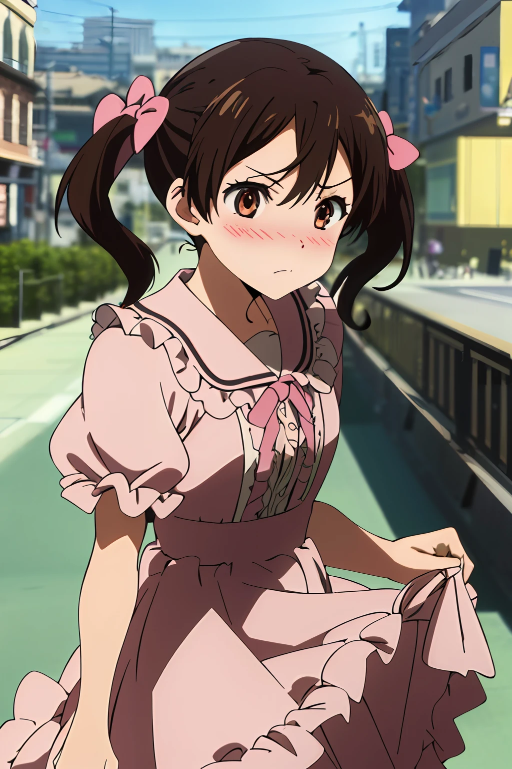 (highres, best quality:1.2), 1girl, radiance, soft contours, beautiful drawing, upper body, concept art, eyelashes, kyoani hyouka style, detailed background, bright colors,
gertrud barkhorn, long low twintails, full-face blush, pink dress with ruffles, bows, pink ribbons,
cityscape,