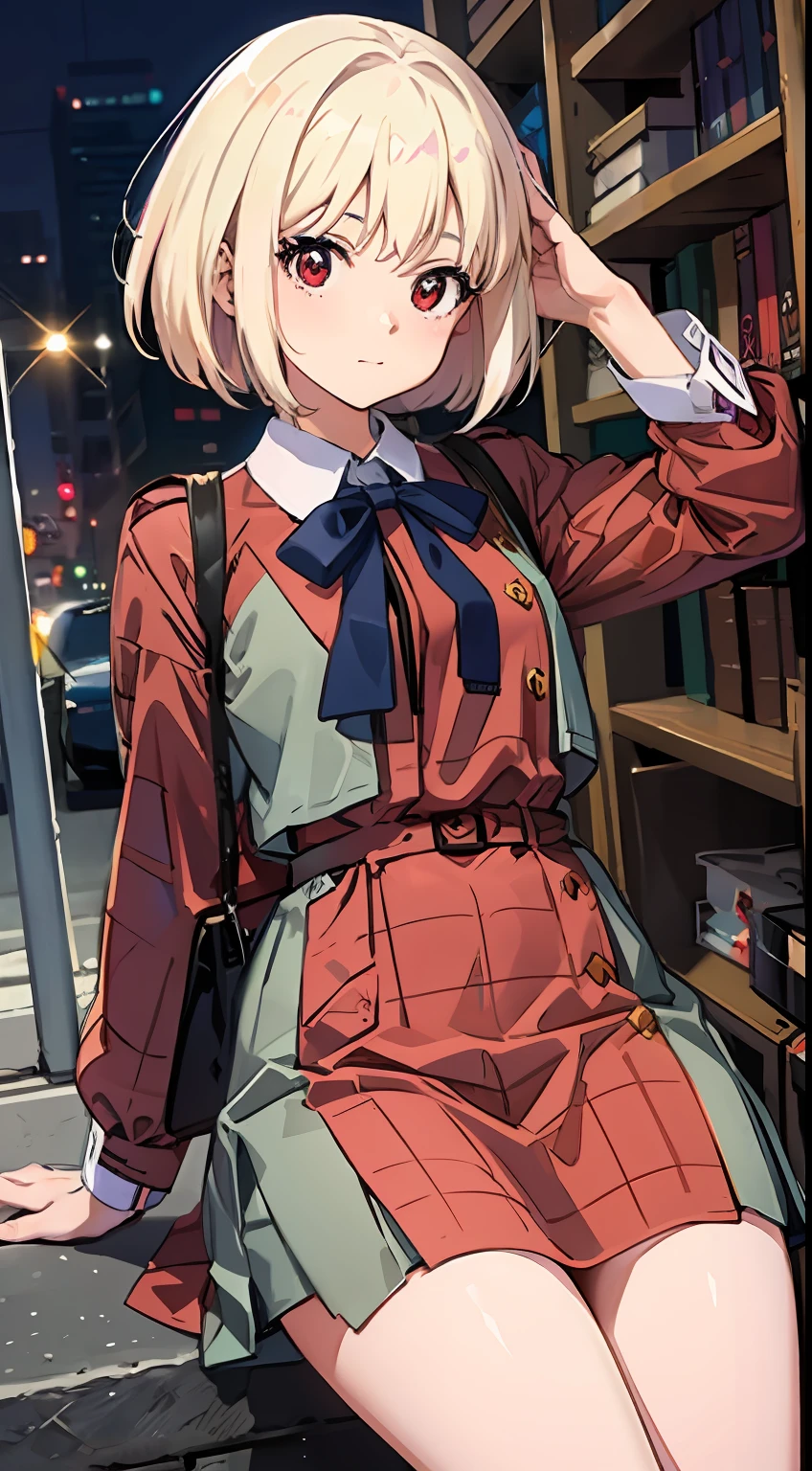 ​masterpiece, top-quality, Chisato Nishikiki、Platinum Blonde Hair、Anime girl with red eyes,bob cuts,Anime visuals of cute girls,Smooth Anime、an anime girl、hi-school girl、Plaid uniform、long-sleeve, Plaid dresses