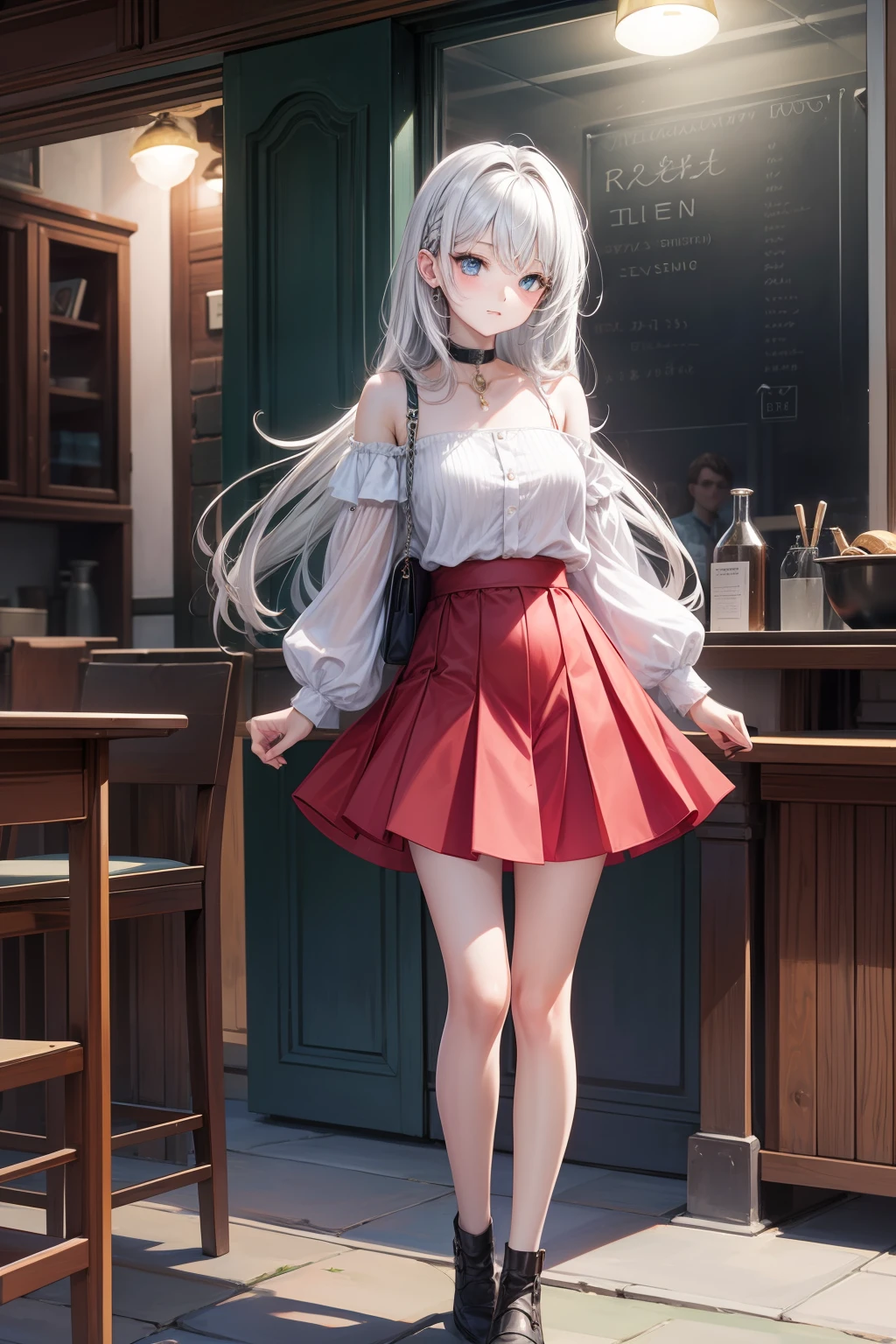 Need,tmasterpiece,s girl,silber hair,White top,Red skirt,stocklings