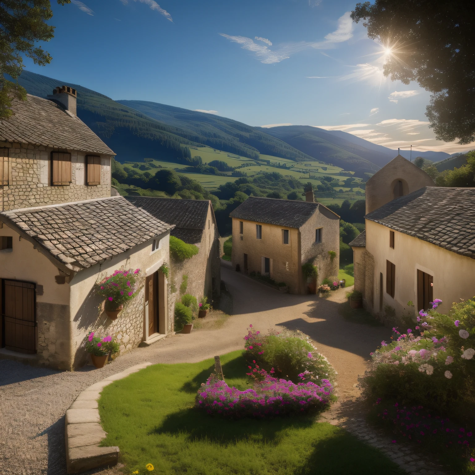 Subject: French Village - Idyllic Peaceful Coexistence
Description: In this idyllic photograph, French villagers are seen going about their daily lives in peaceful coexistence. Nestled in the picturesque countryside, the medieval village exudes tranquility, as villagers tend to their farms, trade goods, and gather at the communal well. The scene depicts a harmonious and tight-knit community, where laughter and camaraderie replace the tumult of warfare, exemplifying the beauty of peaceful living during medieval times.
Type of Image: Realistic Photograph
Art Styles: Historical Realism, Rural Life Photography
Art Inspirations: Historical village life photographs, countryside sceneries
Camera: Nikon D850 DSLR
Shot: Wide-angle with a 35mm lens
Render Info: High-resolution 4K, capturing the idyllic tranquility of the French village, soft natural lighting illuminating the scene, and intricate details of villagers' activities and the village architecture.