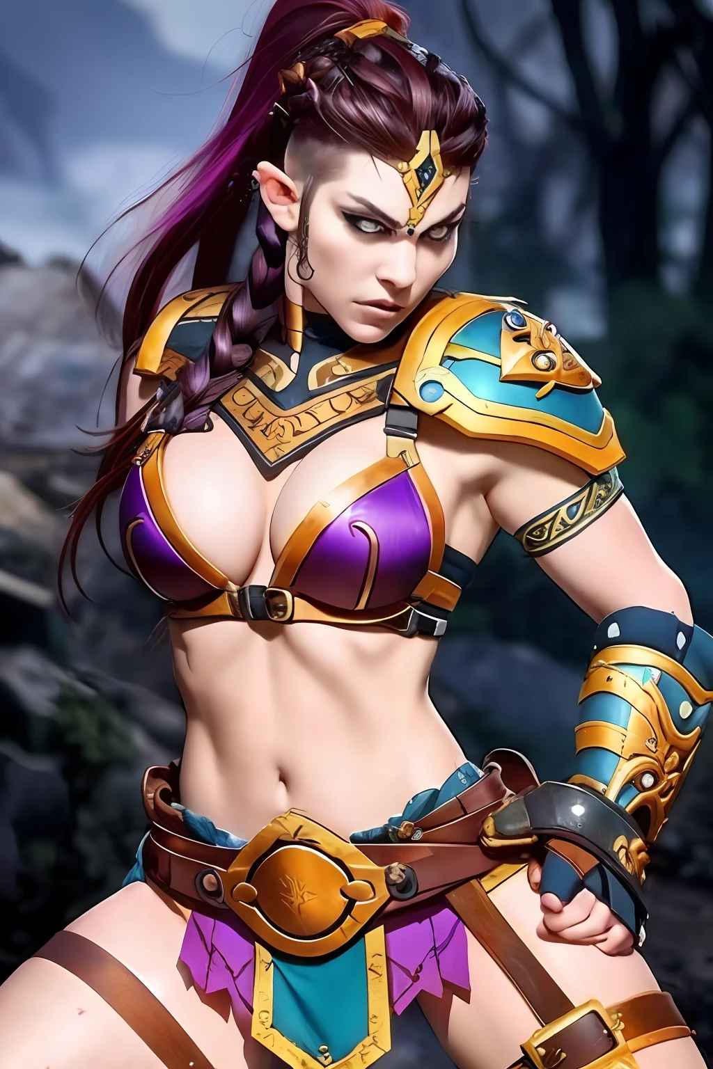 Half-elf barbarian woman with battle scars and fair skin. She has black hair that’s platted and shaved sides like Viking hair. She is wearing leather and armour. She has a serious expression and purple eyes