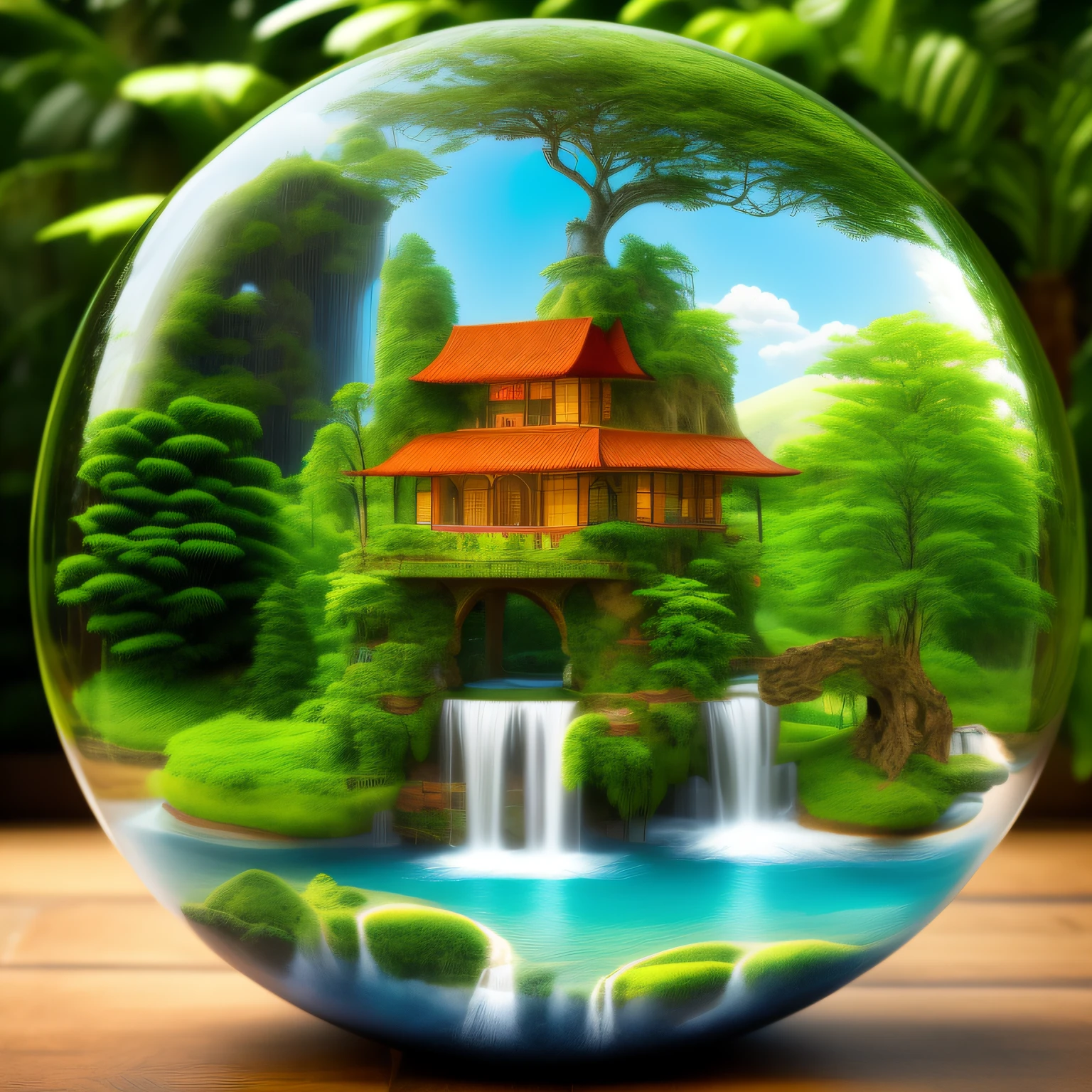 a drawing of a house and waterfalls and a tree inside a bubble, lush, tiger in background, Encapsulated