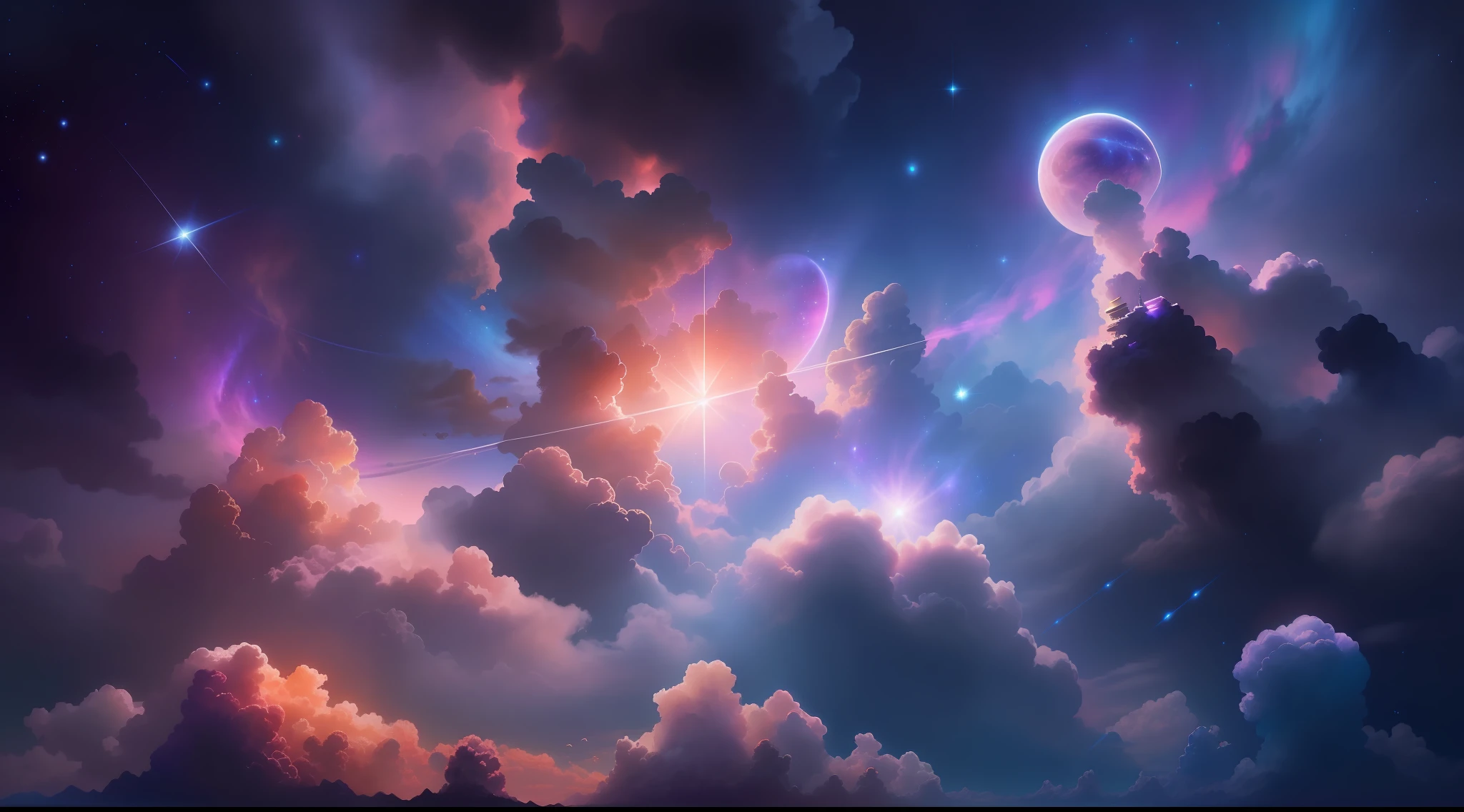 Generate space photos that brighten your mind。A quiet and serene scene full of the beauty of space in the sky,primitive。Distant stars々In expanding outer space、Shining stars々Please draw the figure of。Breathtaking nebulae and colorful galaxies、Arouse awe and awe。Cosmic Blue and Gentle Purple、Soft, Harmonious warm colors、Create an atmosphere of peace and quiet。A place of tranquility and inspiration、The beauty of the universe brightens the heart、Express a place that brings peace to your mind