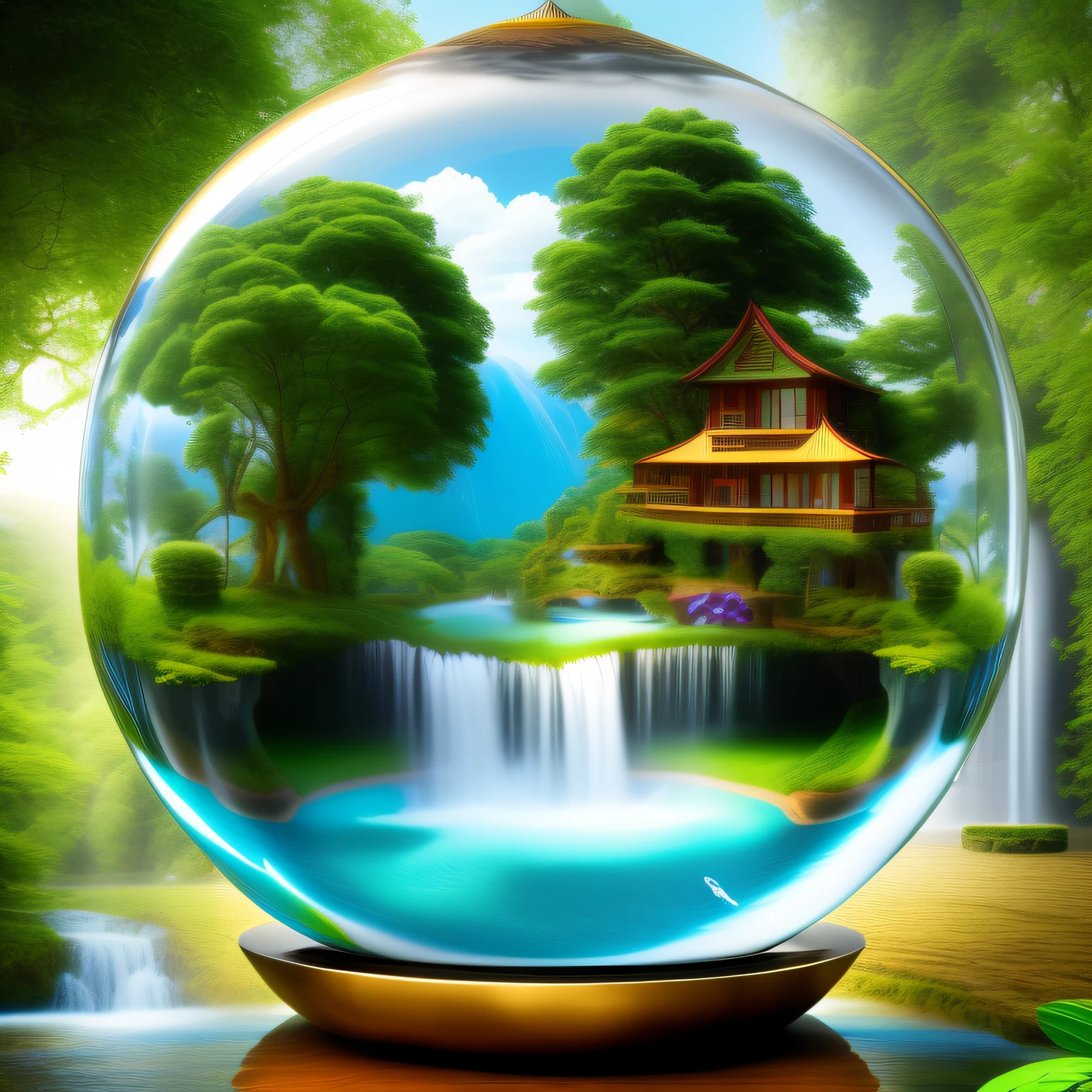 a drawing of a house and waterfalls and a tree inside a bubble, lush, tiger in background, Encapsulated
