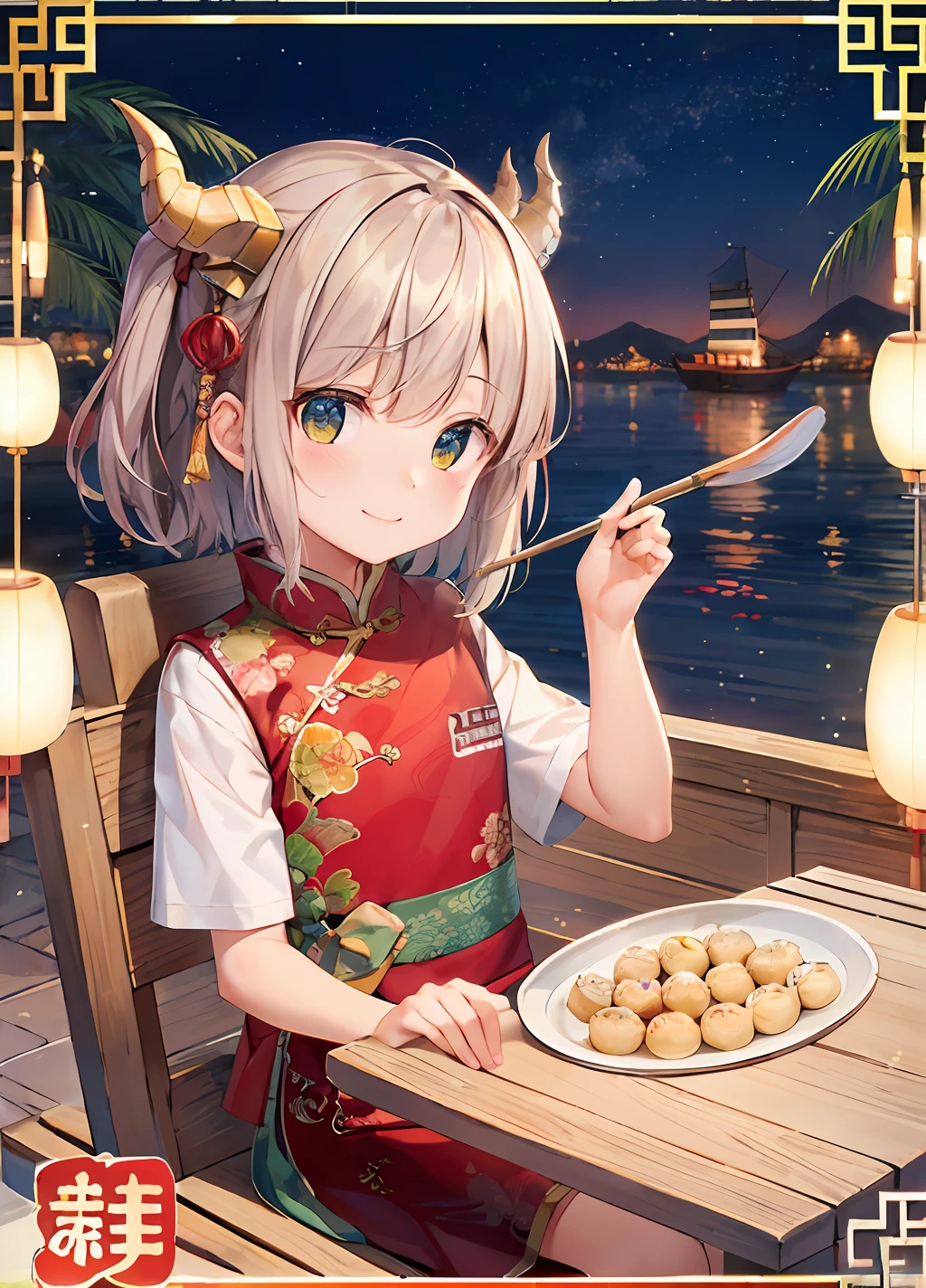 the Dragon Boat Festival, Festivals in China, (Several super cute ancient Chinese boys and girls),(The children had happy smiles on their faces),(Squint and smile),(On board there are rice dumplings - a Chinese delicacy),Paddling a wooden boat, The bow of the ship is shaped like the head of a dragon, The faucet is made of wood, The bow of the boat is a dragon head carved out of wood, clear outline light, edge light, Dreamy speckled light, flat illustration(Important vocabulary)(Important vocabulary), Disney style, Highest picture quality, Jeizuo, 8k,(Used as a commercial poster style)