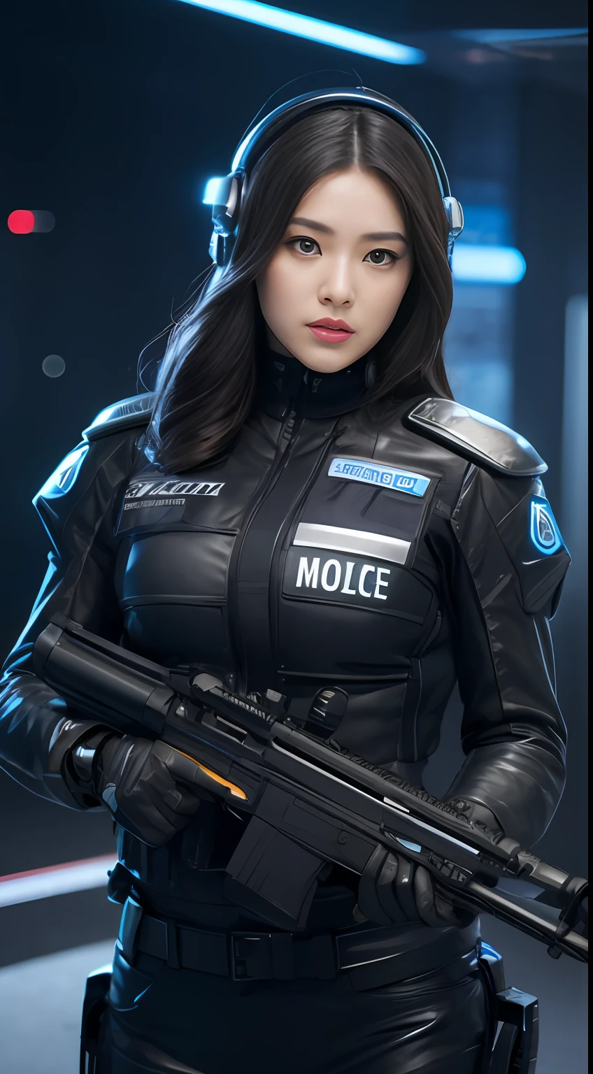 Highest image quality，Outstanding details，超高分辨率，The police of the future，She wears a futuristic SWAT uniform，She stood in front of the police car，Very sexy，Robust body，Sexy and robust，Detailed abs，Detailed muscle lines，dynamicposes，the night，Future city street view background，neonlight，sense of science and technology，future-tech，Very detailed cyberpunk style，cyber punk perssonage，Highly detailed police uniforms，Highly detailed police cap，Highly detailed police force，Highly detailed police badge，Highly detailed armbands，Highly detailed police strips，Highly detailed epaulettes，wear police cap，Highly detailed electric batons，Highly detailed guns，The gun of the future，intercom，Wireless devices，Highly detailed handcuffs，Highly detailed police equipment，Highly detailed police car，Future police car，frontage，Full body photo，Look from the bottom up，look from down, looki at viewer，mechs