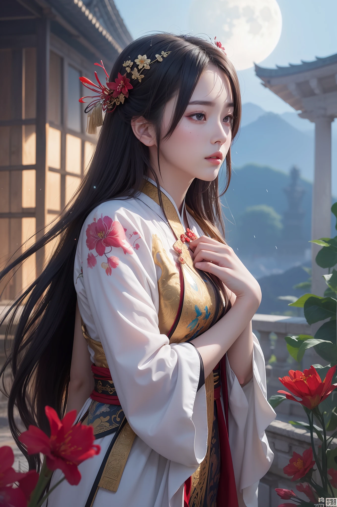(8k, RAW photo:1.2),best quality, ultra high res,dramatic angle,(fluttered detailed color splashs), (illustration),(((1 girl))),(long hair),(rain:0.9),(hair ornament:1.4),there is an ancient palace beside the girl,chinese clothes,(focus on), color Ink wash painting,(color splashing),colorful splashing,(((colorful))),(sketch:0.8), Masterpiece,best quality, beautifully painted,highly detailed,(denoising:0.6),[splash ink],((ink refraction)), (beautiful detailed sky),moon,highly,detaild,(masterpiece, best quality, extremely detailed CG unity 8k wallpaper,masterpiece, best quality, ultra-detailed),(Lycoris radiata),