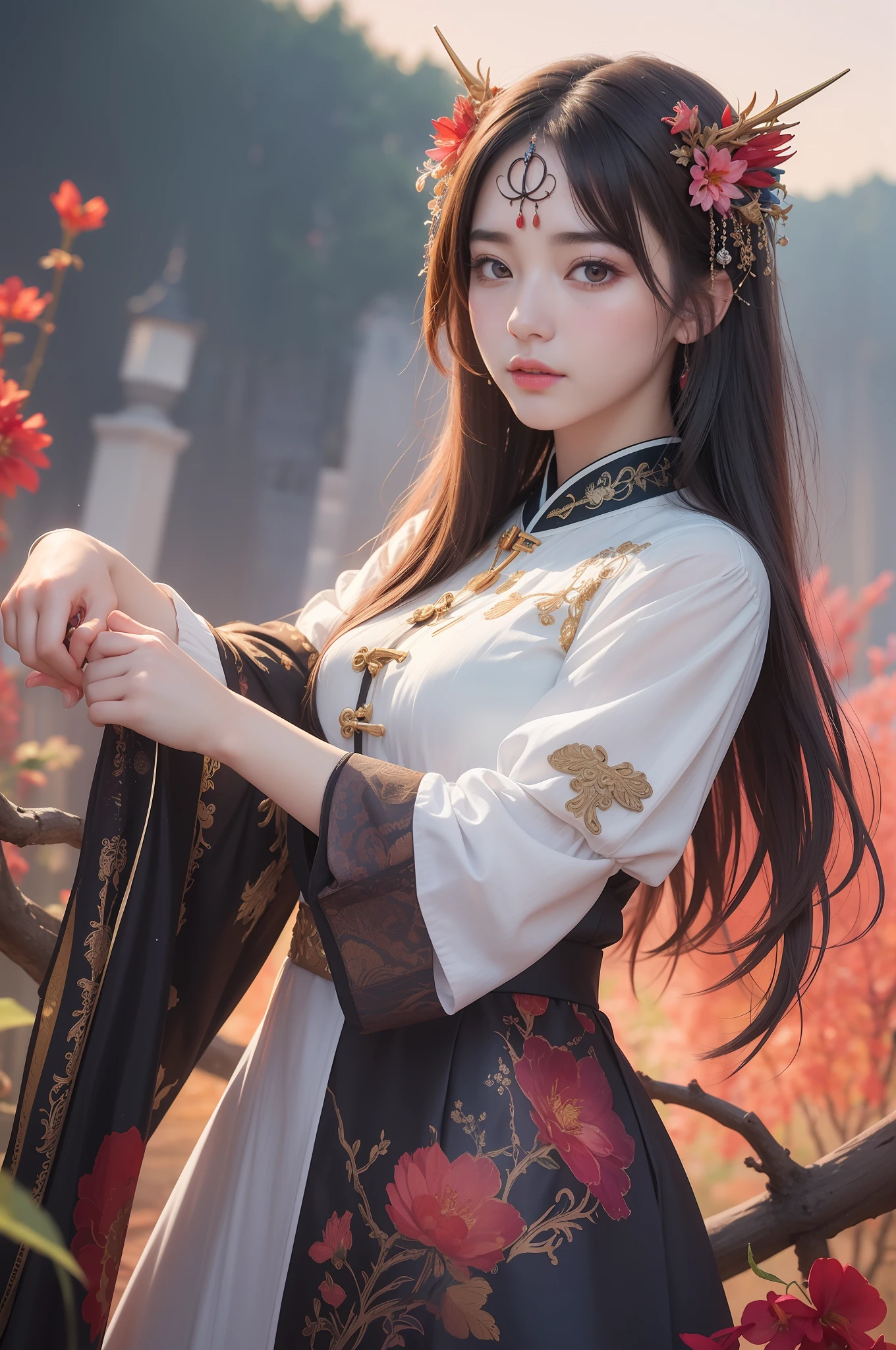 (8k, RAW photo:1.2),best quality, ultra high res,dramatic angle,(fluttered detailed color splashs), (illustration),(((1 girl))),(long hair),(rain:0.9),(hair ornament:1.4),there is an ancient palace beside the girl,chinese clothes,(focus on), color Ink wash painting,(color splashing),colorful splashing,(((colorful))),(sketch:0.8), Masterpiece,best quality, beautifully painted,highly detailed,(denoising:0.6),[splash ink],((ink refraction)), (beautiful detailed sky),moon,highly,detaild,(masterpiece, best quality, extremely detailed CG unity 8k wallpaper,masterpiece, best quality, ultra-detailed),(Lycoris radiata),